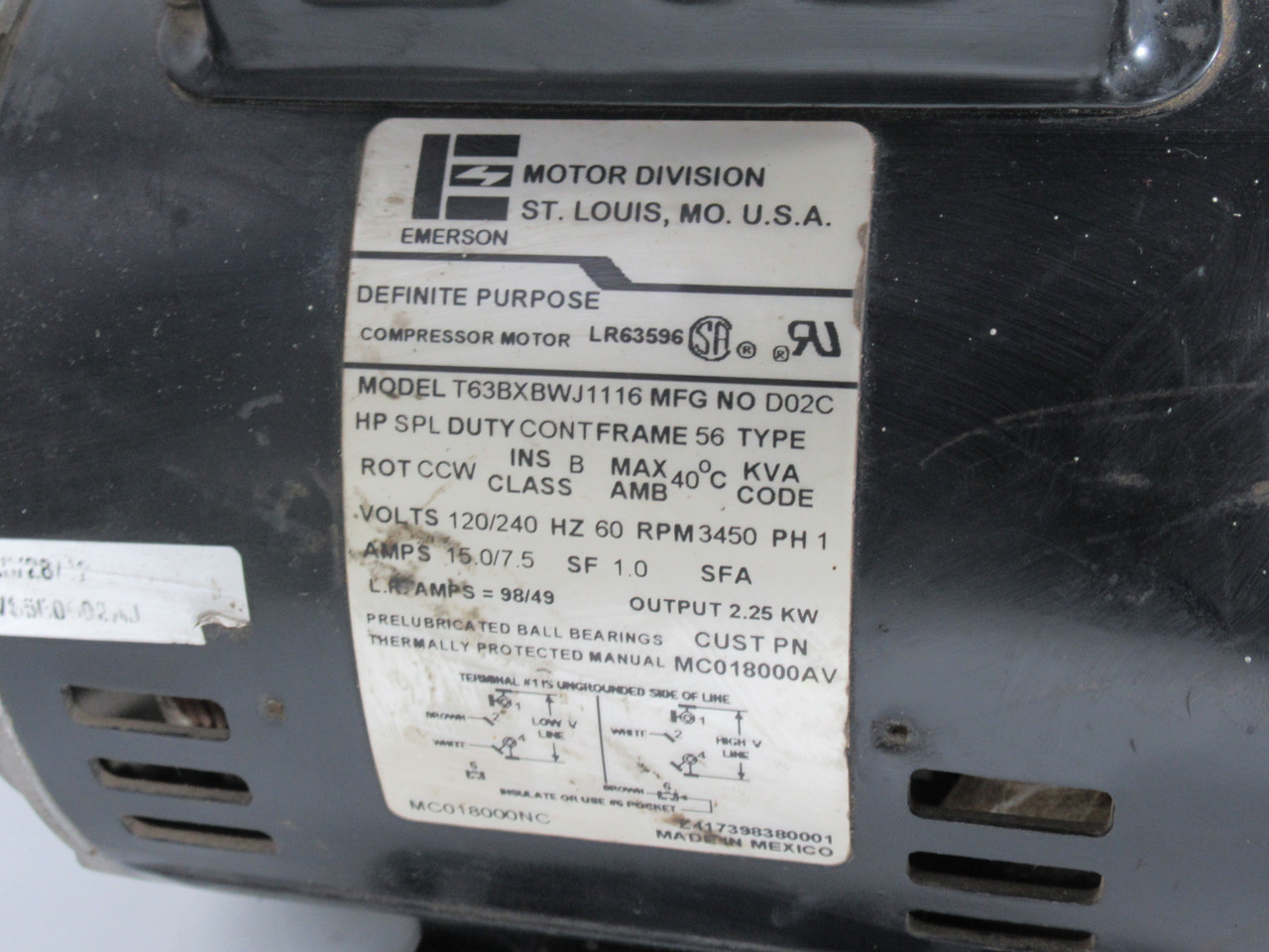 Emerson 2.25kW 3450RPM 120/240V 56 1Ph 15.0/7.5A 60Hz USED