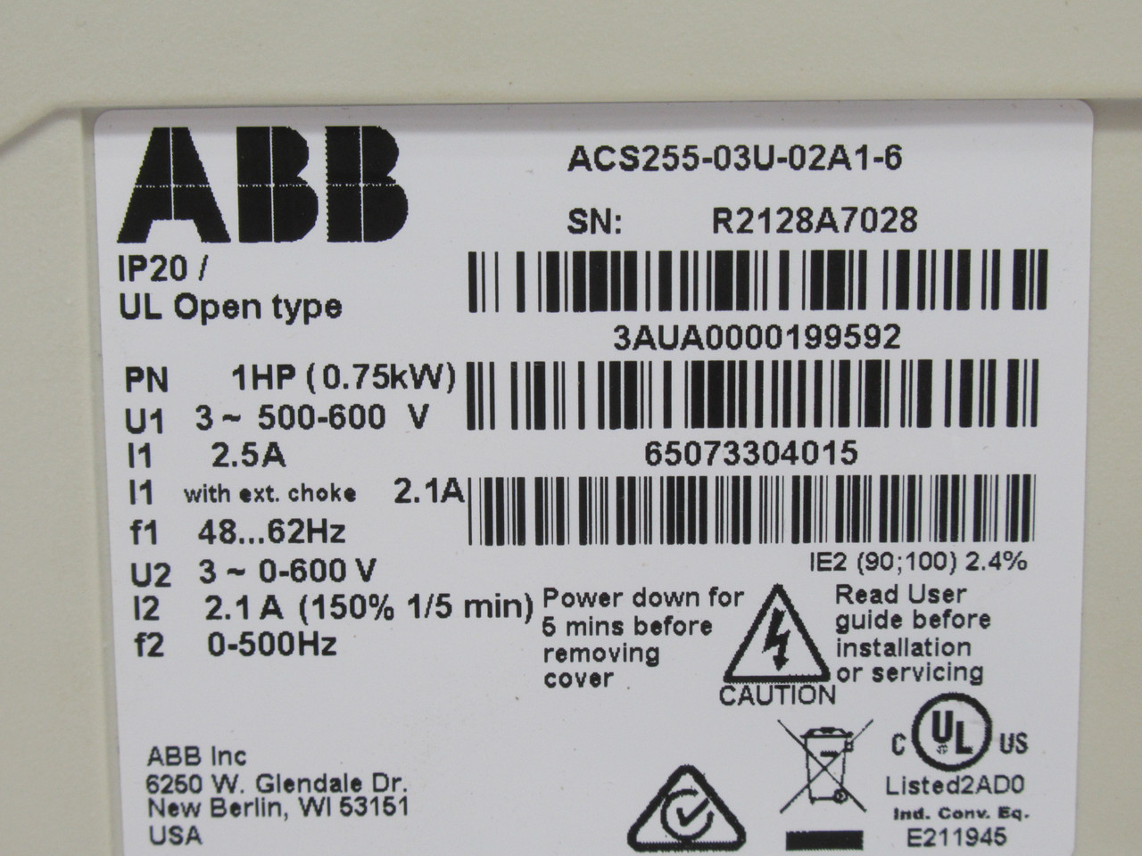ABB ACS255-03U-02A1-6 Micro Low Voltage AC Drive 3Ph 0-600V 2.1A 1/5min USED