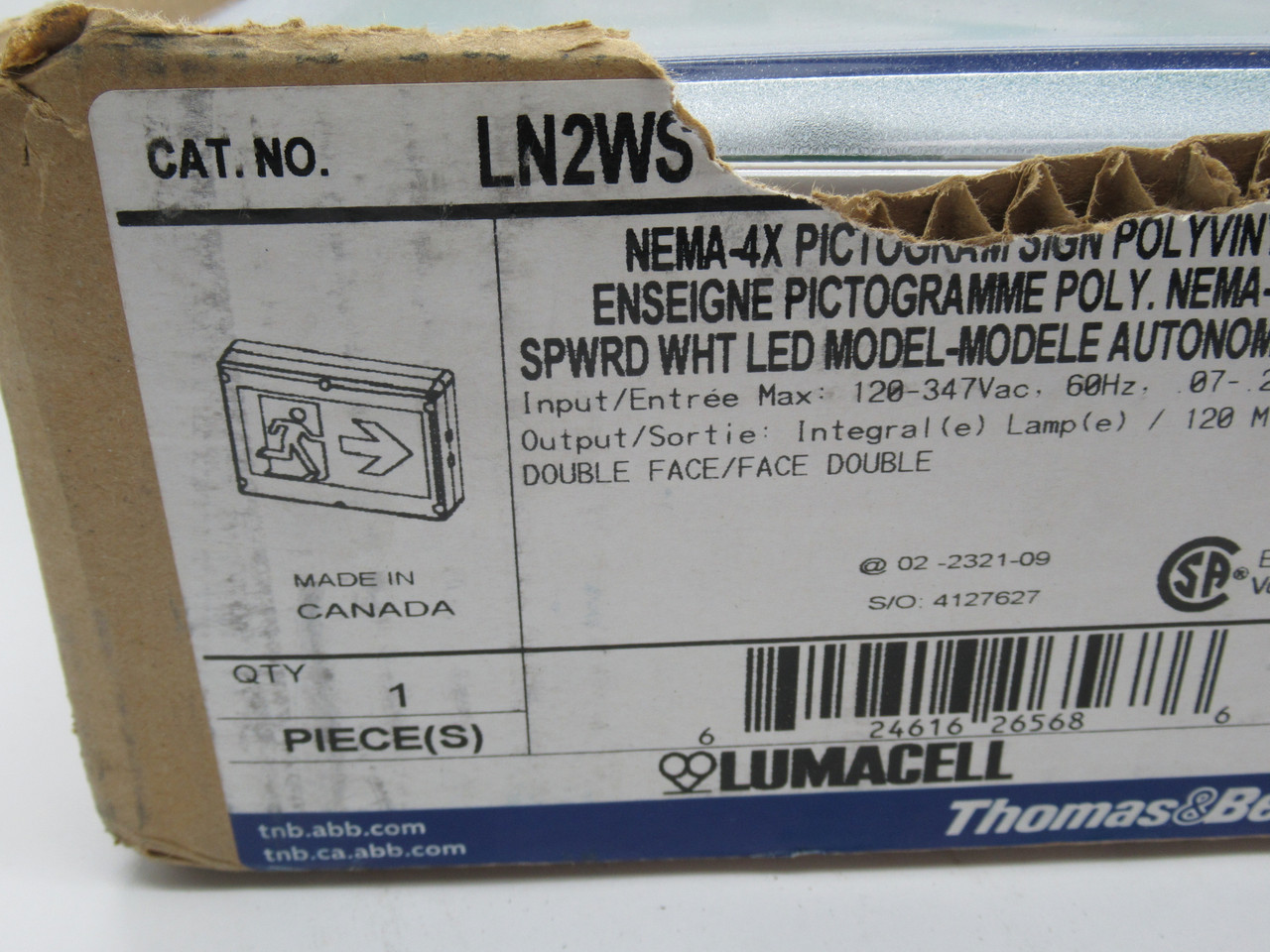 Thomas & Betts LN2WS Polyvinyl Exit Light 120-347VAC 60Hz .21A 2.76W DMG BOX NEW