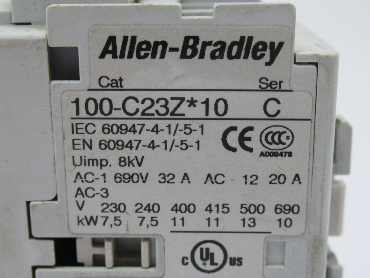 Allen-Bradley 100-C23ZJ10 Contactor Ser. C 24VDC 20A MISSING DIN RAIL CLIP USED
