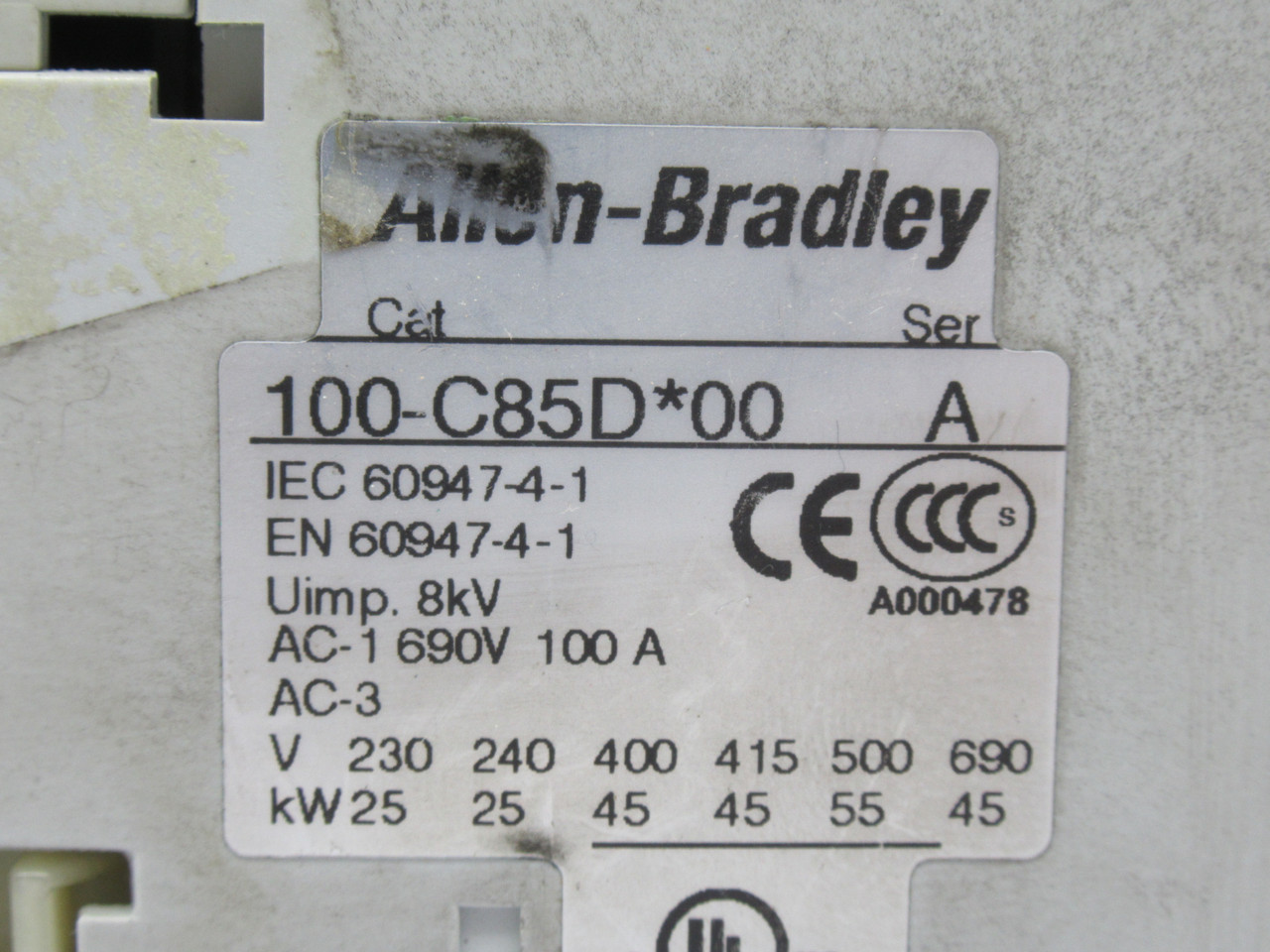 Allen-Bradley 100-C85DJ00 Contactor Ser. A 24VDC Coil 85A 3P USED