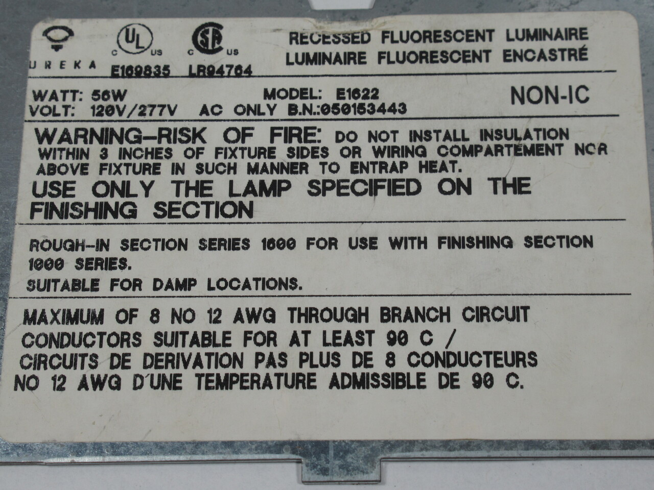 Eureka Lighting E1622 Recessed Fluorescent Luminaire 120/277V 56W USED