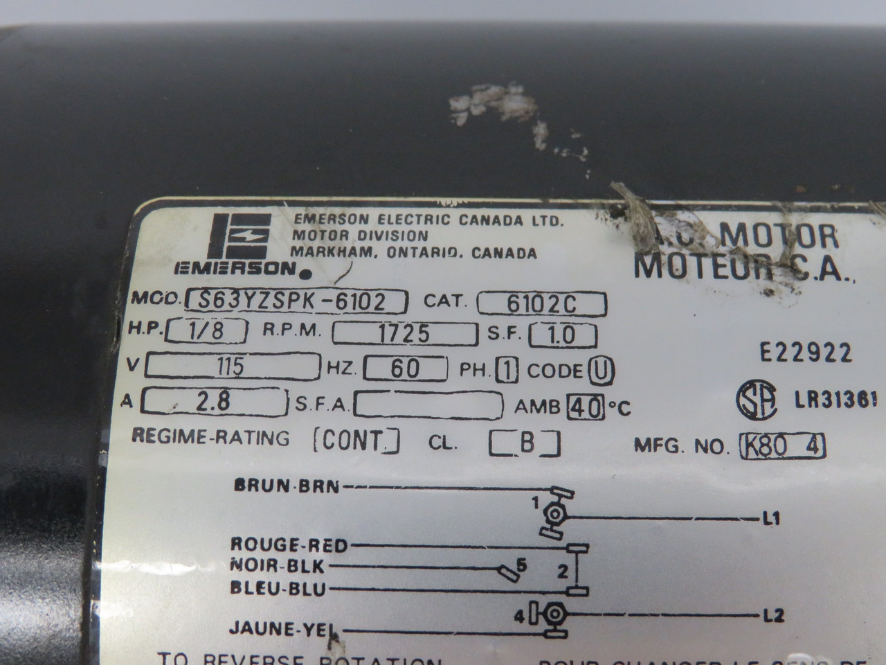 Emerson S63YZSPK-6102 AC Motor 1/8HP 1725RPM 115V 1Ph 2.8A 60Hz LABEL DMG USED