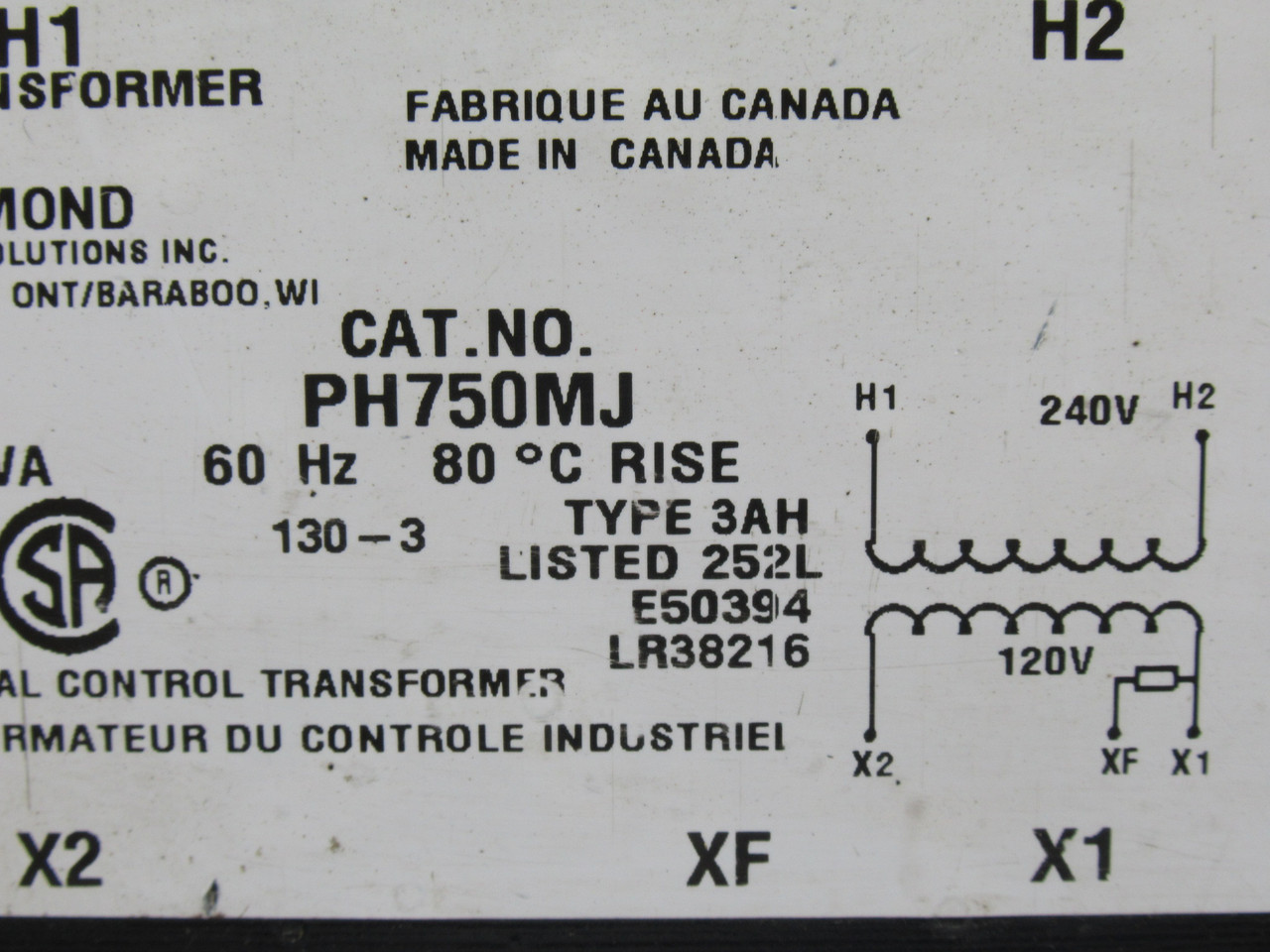 Hammond PH750MJ Control Transformer 750VA Pri 240V Sec 120V 60Hz USED