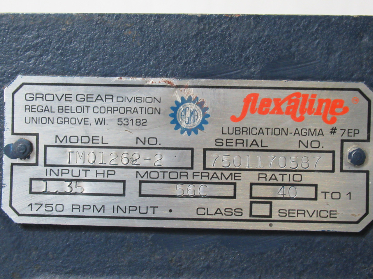 Grove Gear Flexaline TMQ1262-2 Gear Reducer 40:1 Ratio 1.35HP@1750RPM 56C USED