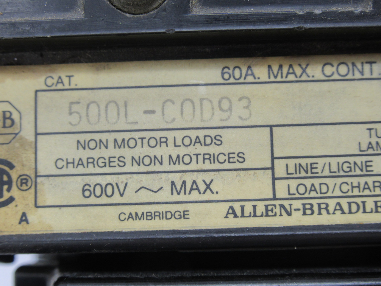 Allen-Bradley 500L-COD93 Lighting Contactor Ser. A 110/115-120V 50/60Hz 60A USED