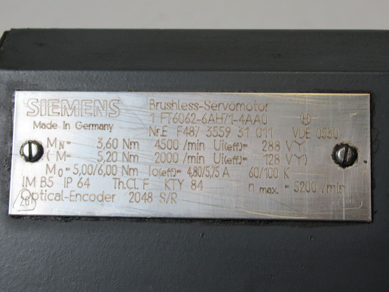 Siemens 1FT6062-6AH71-4AA0 Brushless Servo Motor 4500RPM 288V 3.6Nm COS DMG USED