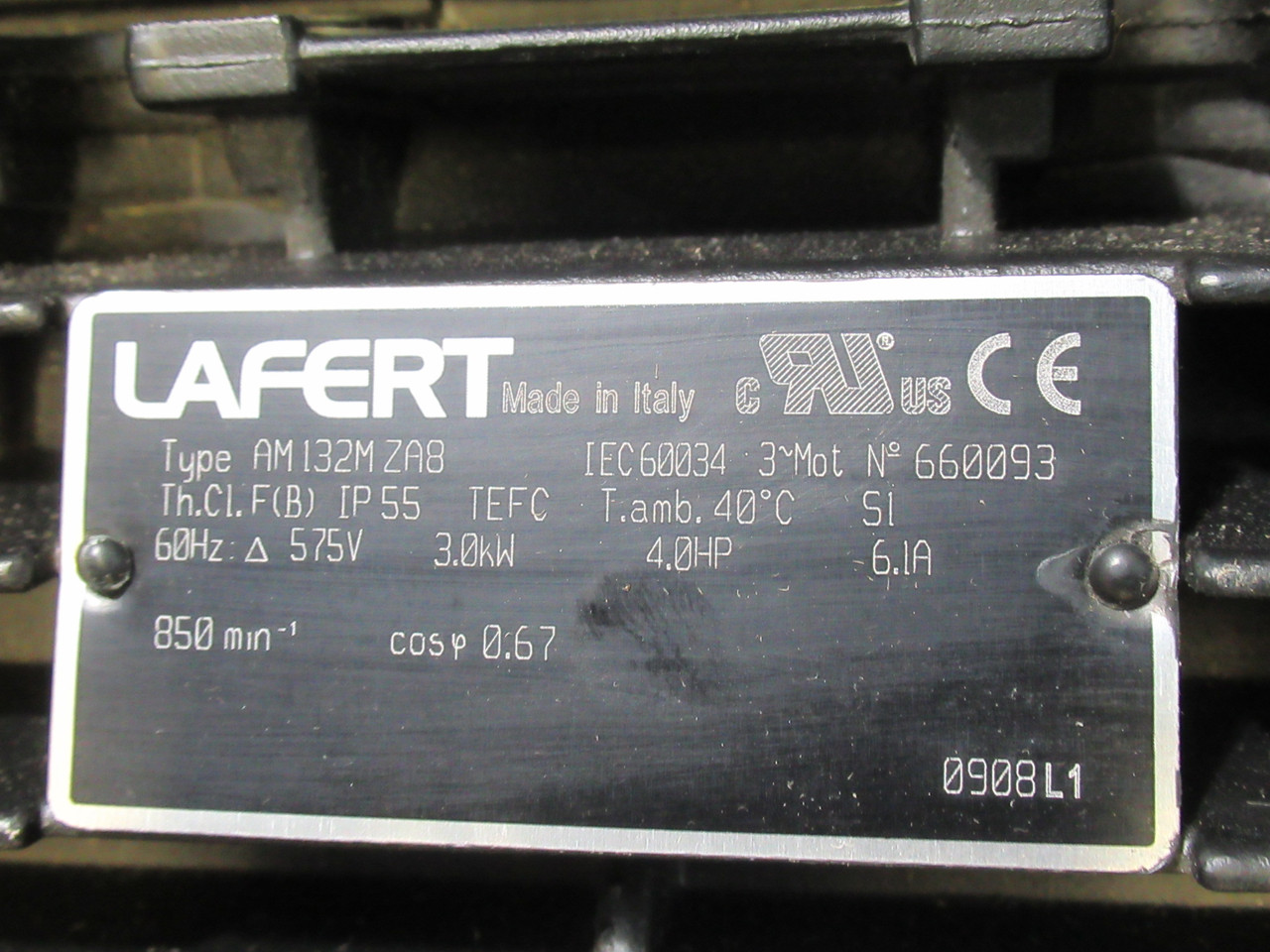 Lafert AM132MZA8 4.0HP 900RPM 575V TEFC 6.1A 60Hz SHELF WEAR/BOX DMG NEW