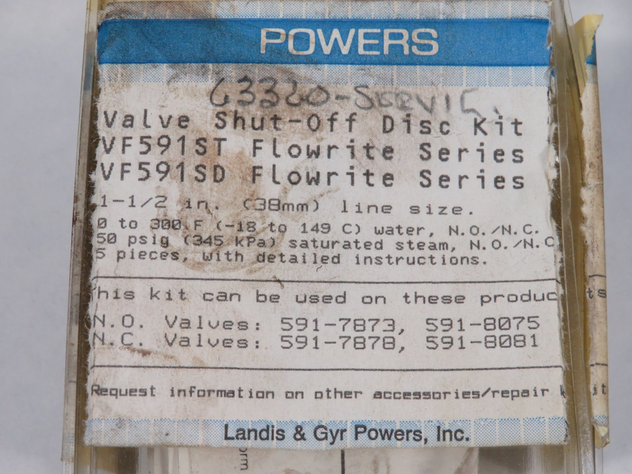 Powers 653-225 Valve Shut-Off Disc Kit for 1-1/2" VF591ST, -SD NEW