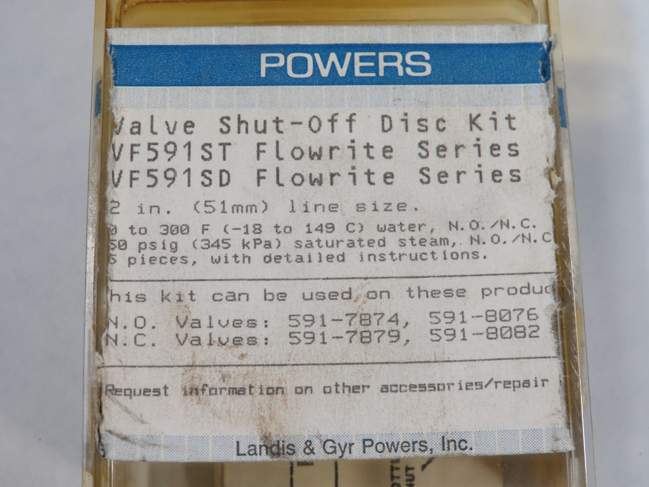 Powers 653-226 Valve Shut-Off Disc Kit for 1/2" VF591ST, -SD NEW