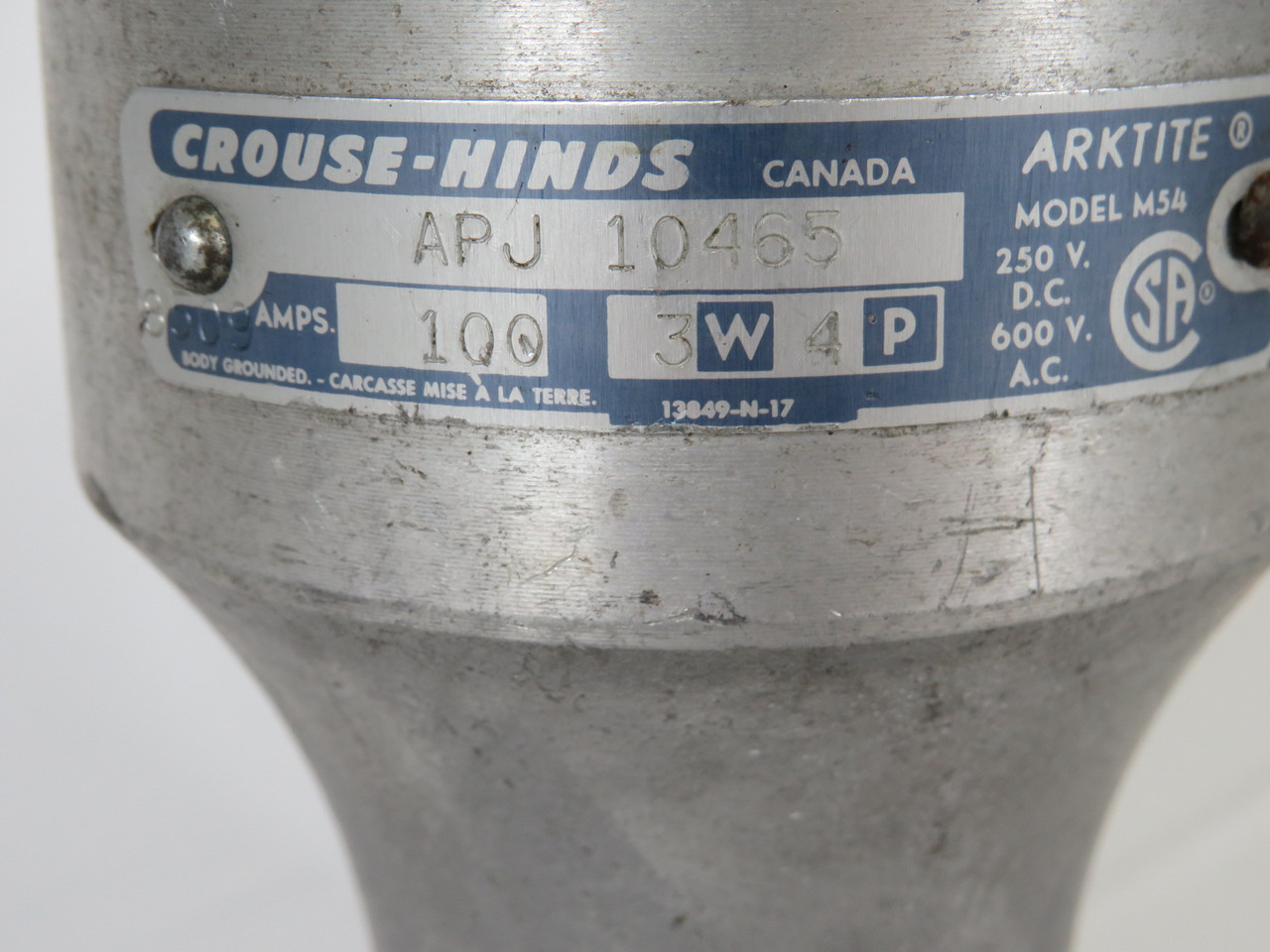 Crouse-Hinds APJ10465-M54 Arktite Plug 100A 250VC 600VAC 3W 4P NO CLAMP USED