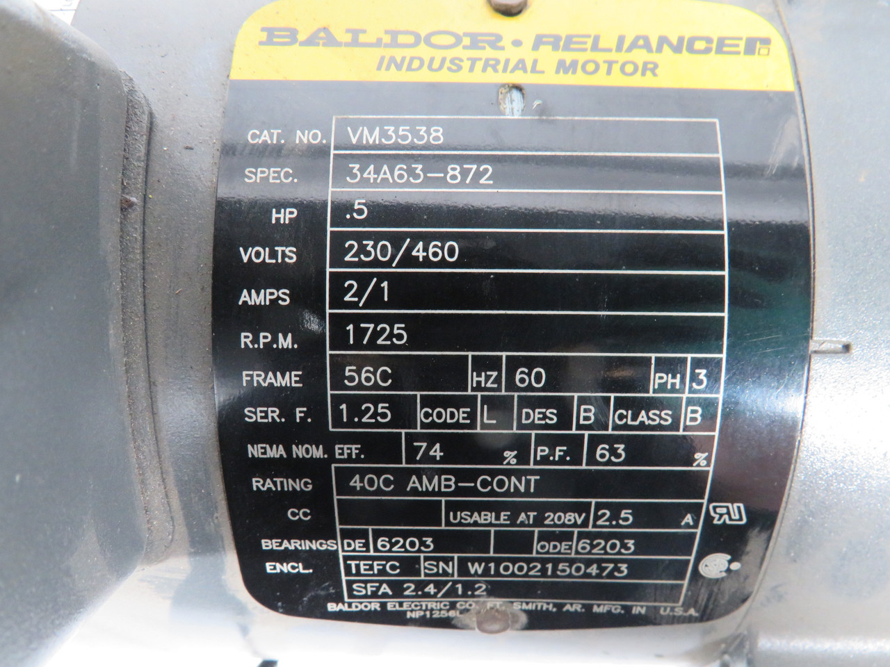Baldor .5HP 1725RPM 230/460V 56C TEFC 3Ph 2/1A 60Hz USED