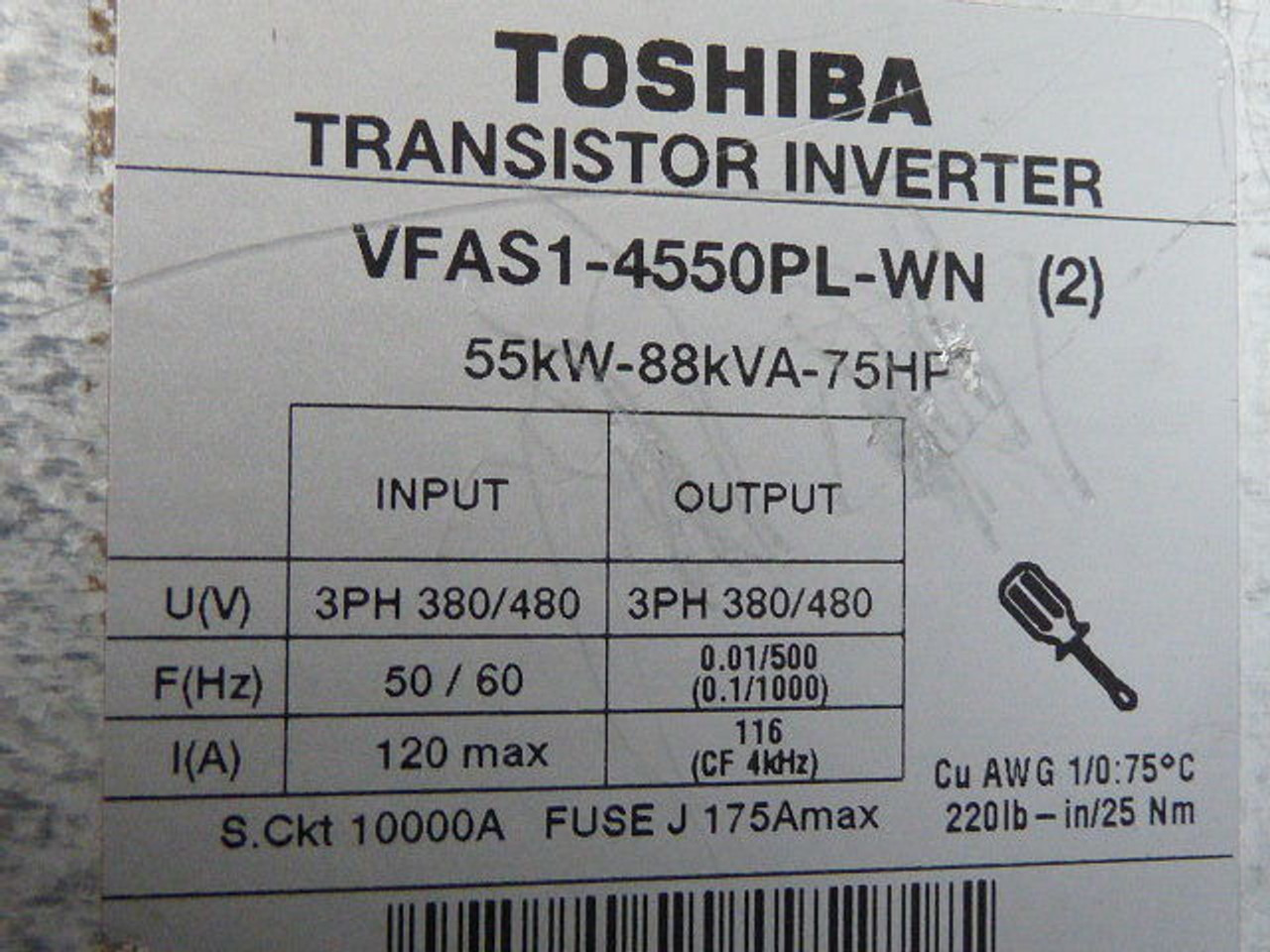 Toshiba VFAS1-4550PL-WN Transistor Inverter Drive 75HP 55kW 88kVA 380/480V USED