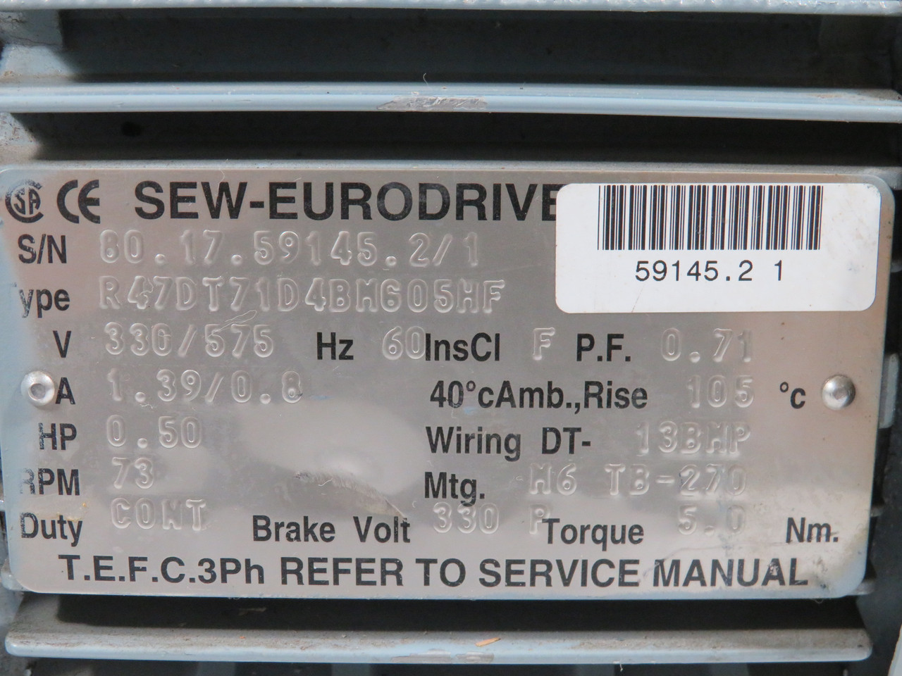 Sew-Eurodrive R47DT71D4BMG05HF Gearmotor 23.28:1 5Nm 0.5HP 73RPM 330/575V USED