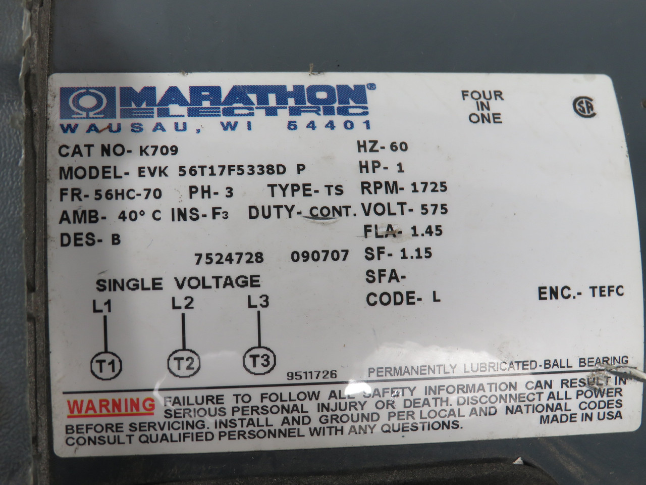 Marathon 1HP 1725RPM 575V 56HC-70 TEFC 3Ph 1.45FLA 60Hz USED