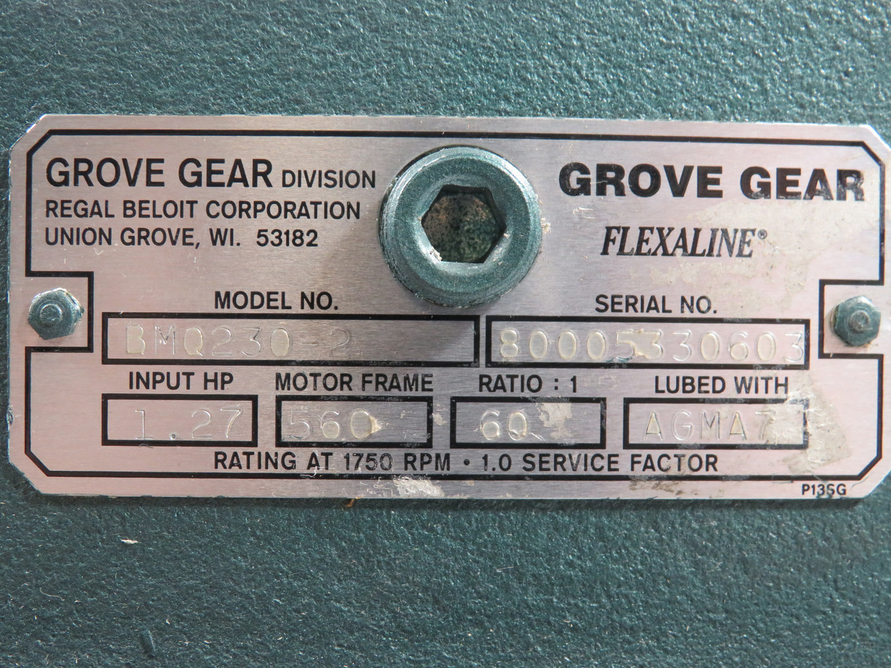 Grove Gear BMQ230-2 Right-Angle Gear Reducer 60:1 1.27HP@1750RPM USED