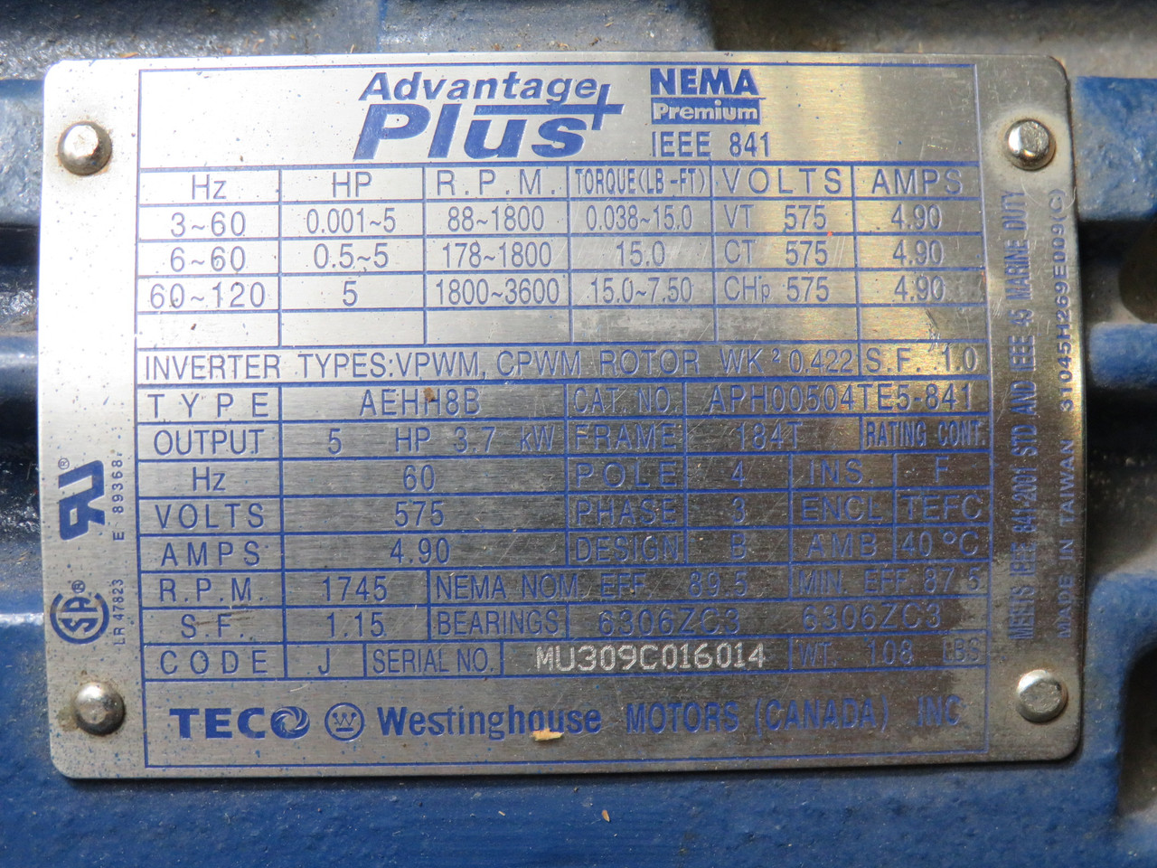 TECO Westinghouse 5HP 1745RPM 575V 184T TEFC 3Ph 4.90A 60Hz NOP