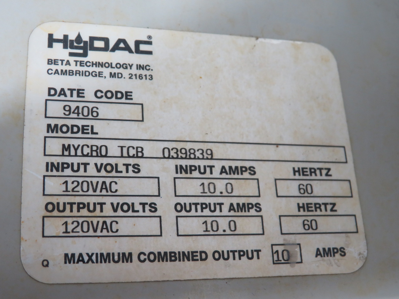 Hydac MYCRO-TCB Enclosed Electronic Controller 120V 10A 60Hz 039839 USED