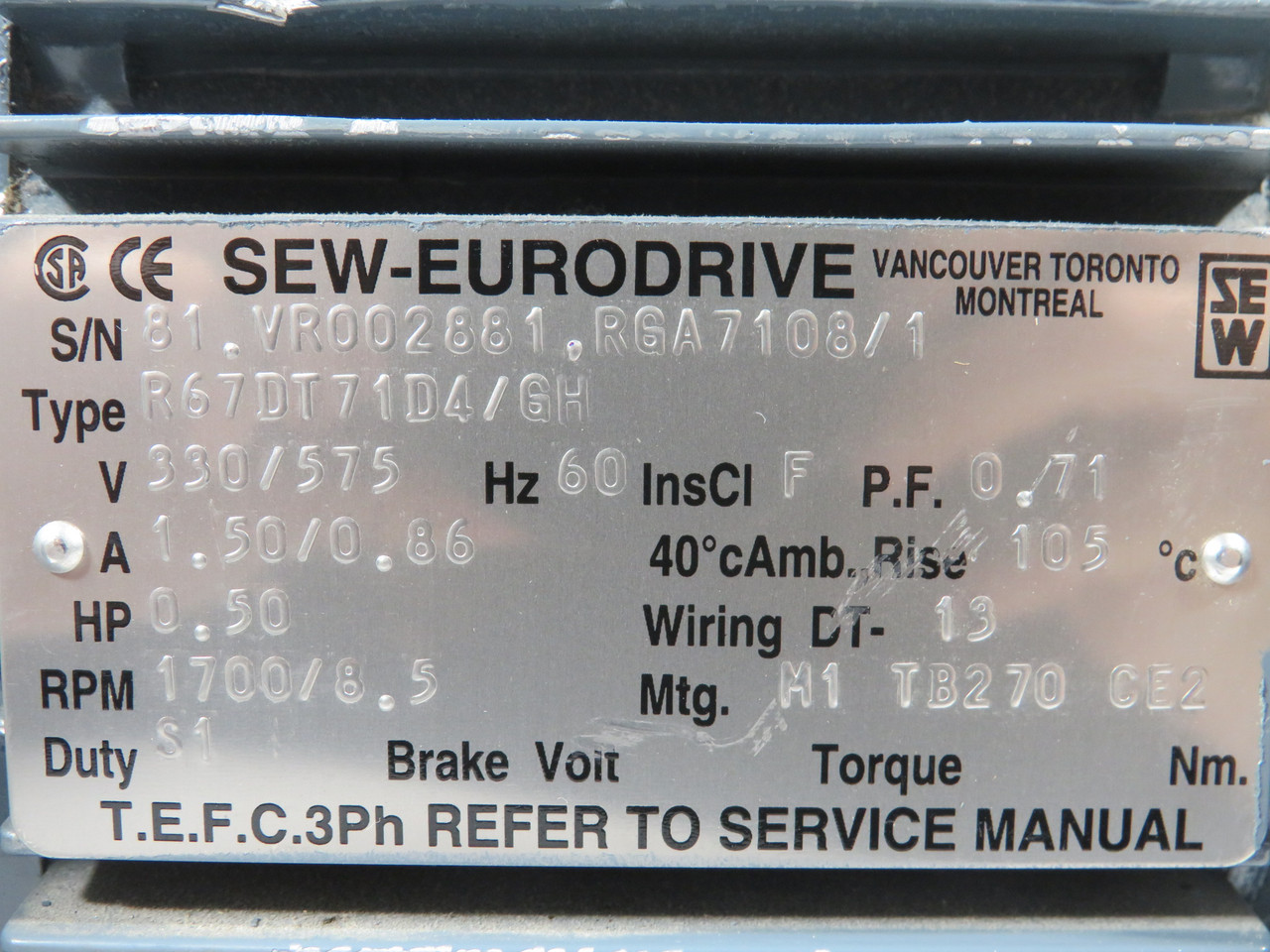 Sew-Eurodrive AC Gearmotor 199.80:1 0.5HP C/W Hubner Tachometer SHELF WEAR NOP