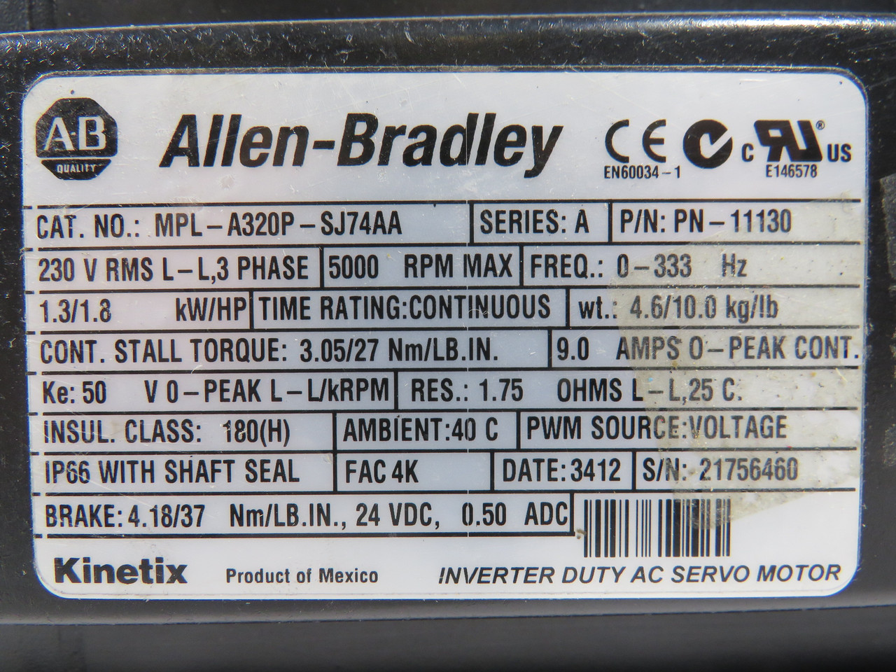 Allen-Bradley MPL-A320P-SJ74AA AC Servo Motor 1.8HP 5000RPM SHELF WEAR NOP