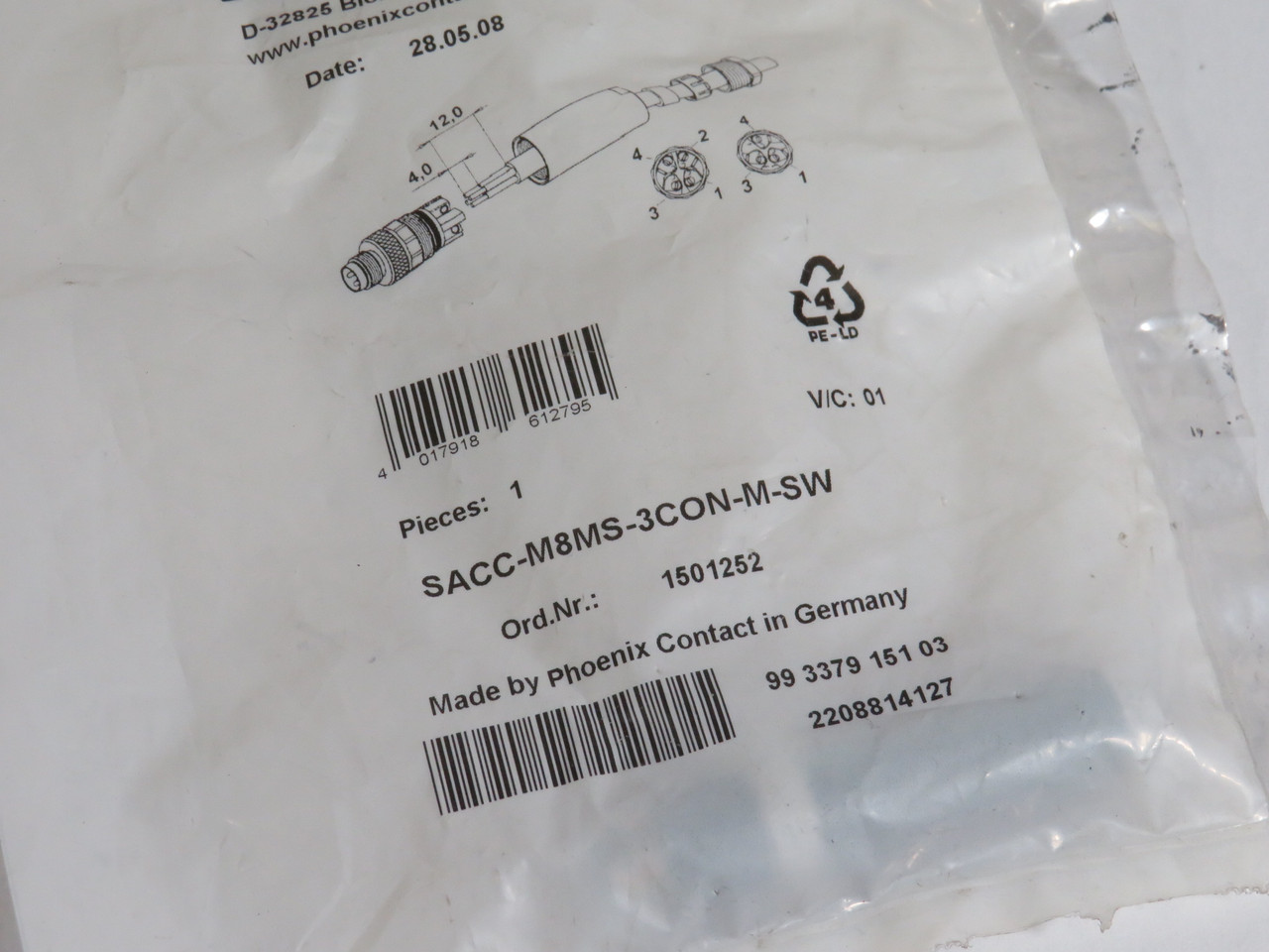 Phoenix Contact 1501252 SACC-M8MS-3CON-M-SW Cable Connector NWB