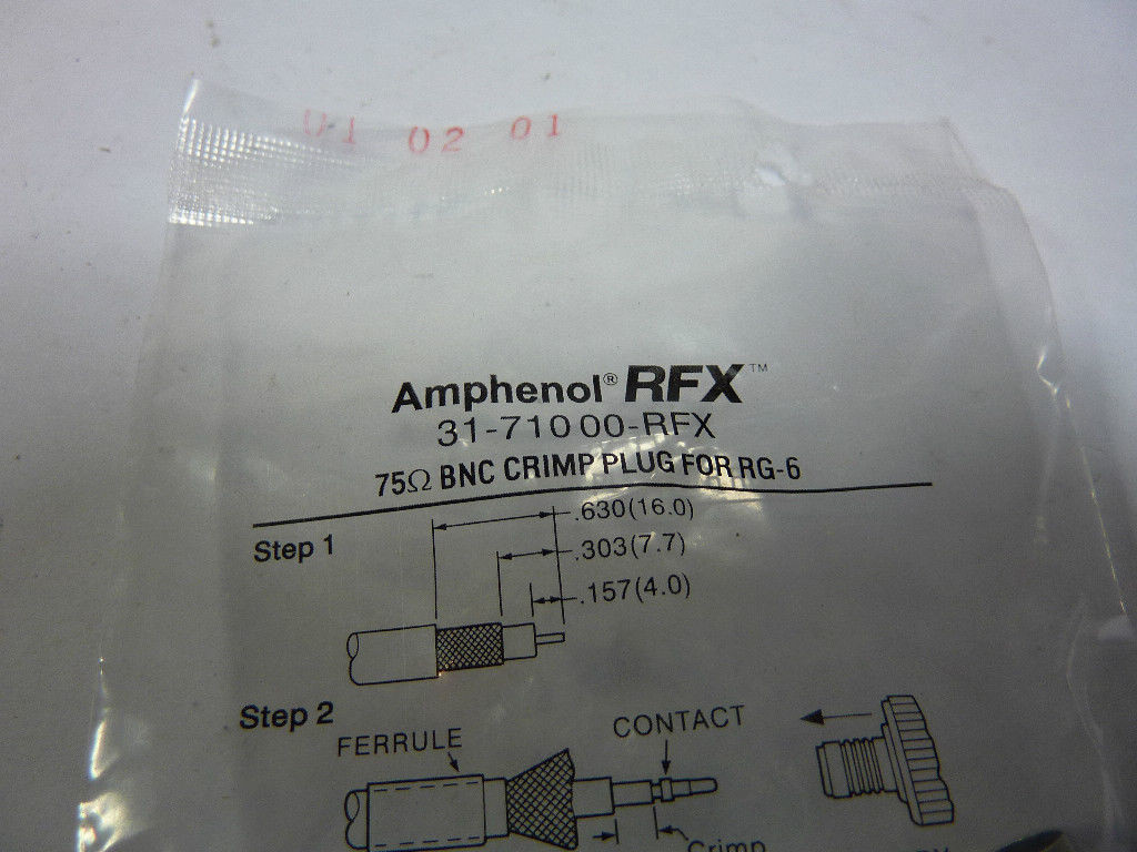 Amphenol 31-71000-RFX 75Ohm BNC Crimp Plug For RG-6 NWB
