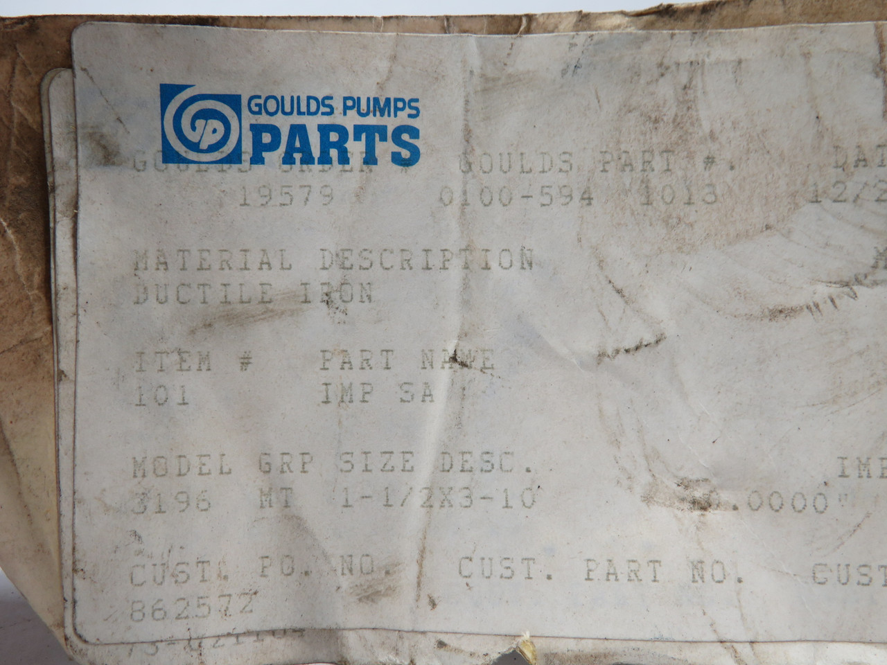 Goulds Pumps 0100-594-1013 5-Vane Impeller for 3196MT 1-1/2x3-10 SHELF WEAR NOP