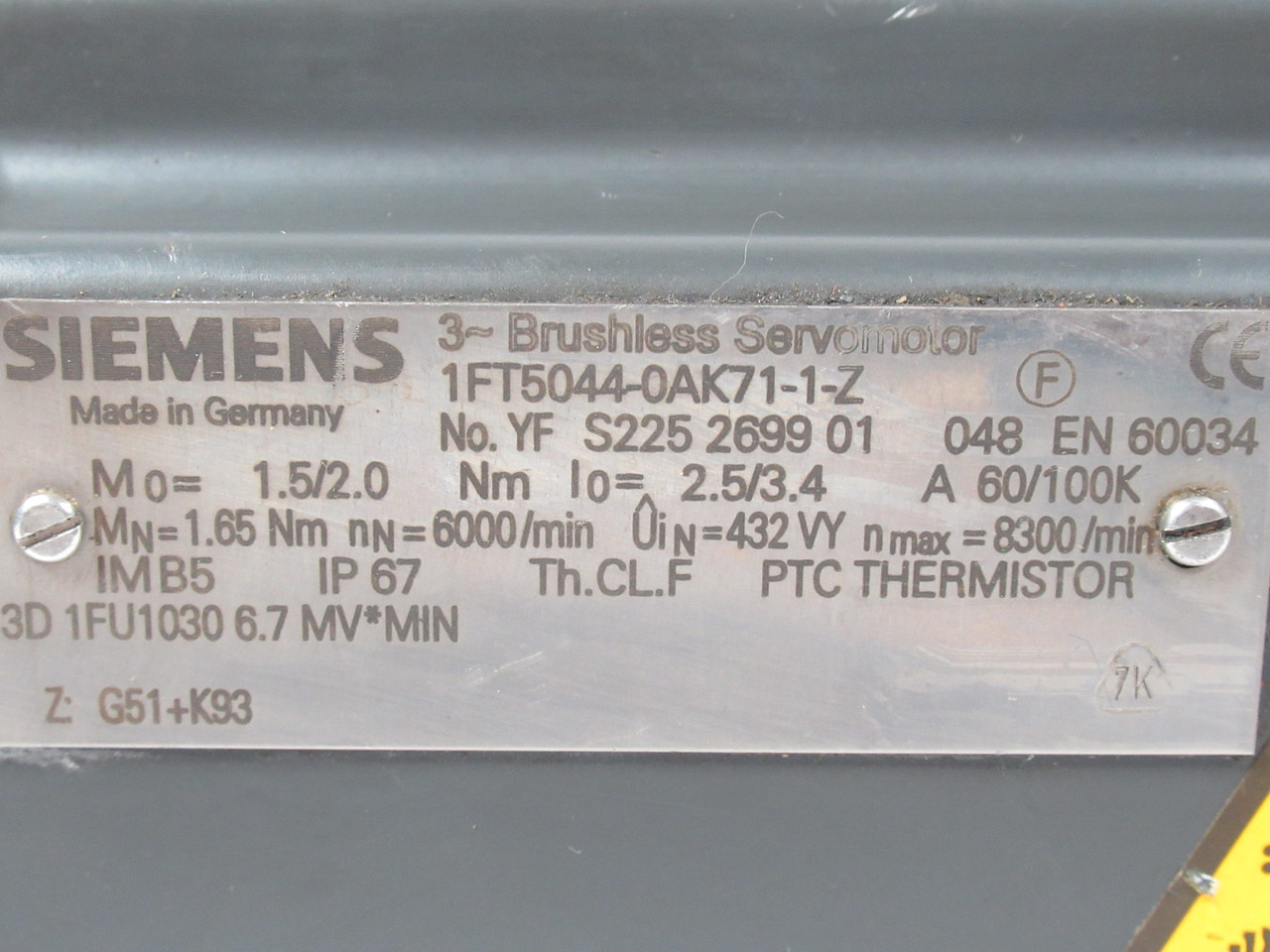 Siemens 1FT5044-0AK71-1-Z Brushless Servo Motor 6000RPM 432V 1.5/2Nm USED