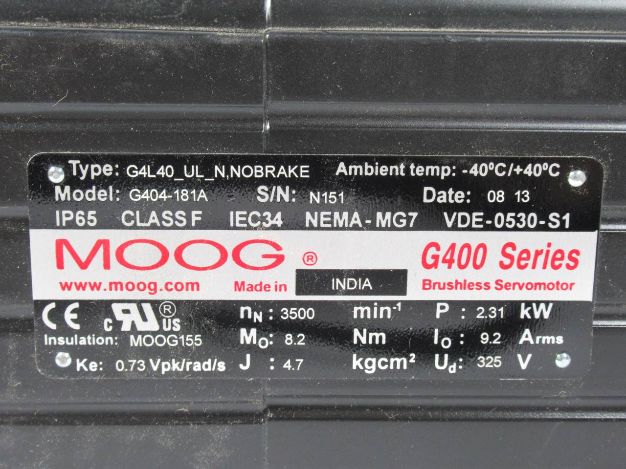 Moog Brushless Servo Motor 2.31kW 3500RPM 325V 8.2Nm 9.2A *DAMAGED BOX* NEW