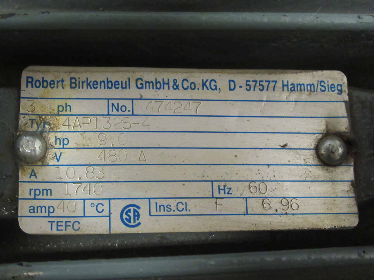 Robert Birkenbeul 9HP 1740RPM 480V TEFC 3PH 10.83A 60Hz USED