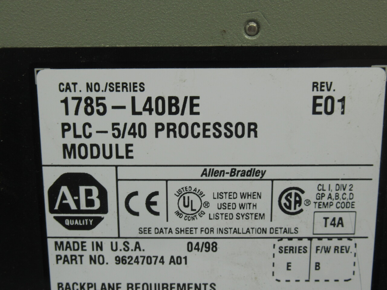 Allen-Bradley 1785-L40B Processor Module PLC-5/40 NO KEY USED