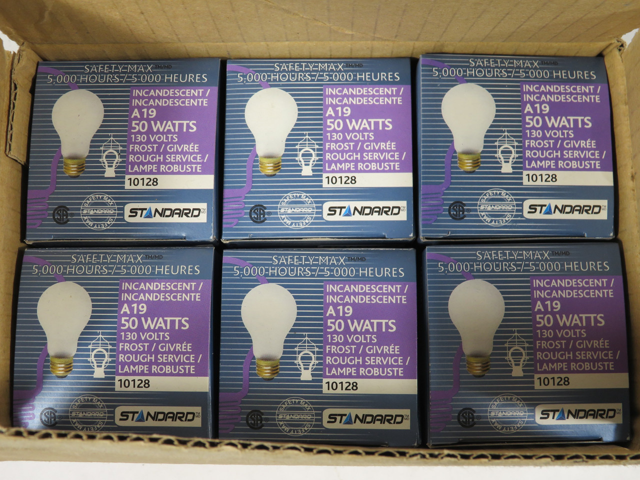 Standard 10128 Incandescent Lamp 50W 130V E26 Base A19 Shape 6Pk BOX DAMAGE NEW