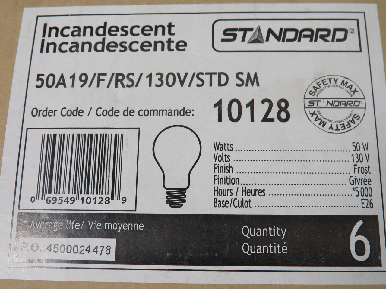 Standard 10128 Incandescent Lamp 50W 130V E26 Base A19 Shape 6Pk BOX DAMAGE NEW