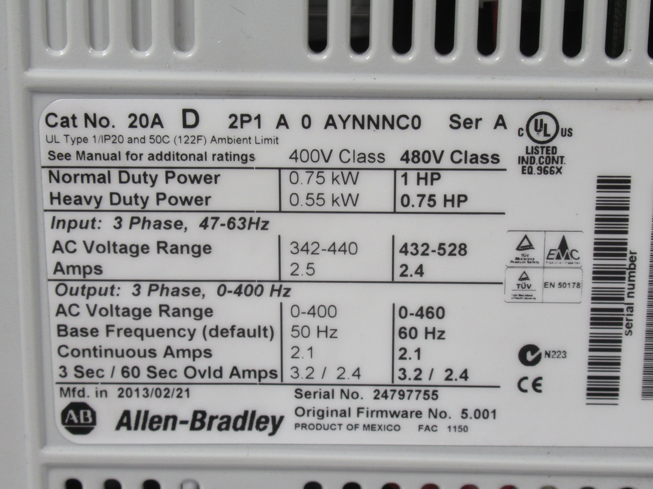 Allen-Bradley 20AD2P1A0AYNNNC0 Ser. A Powerflex 70 AC Drive 1HP *CHIPPED* USED