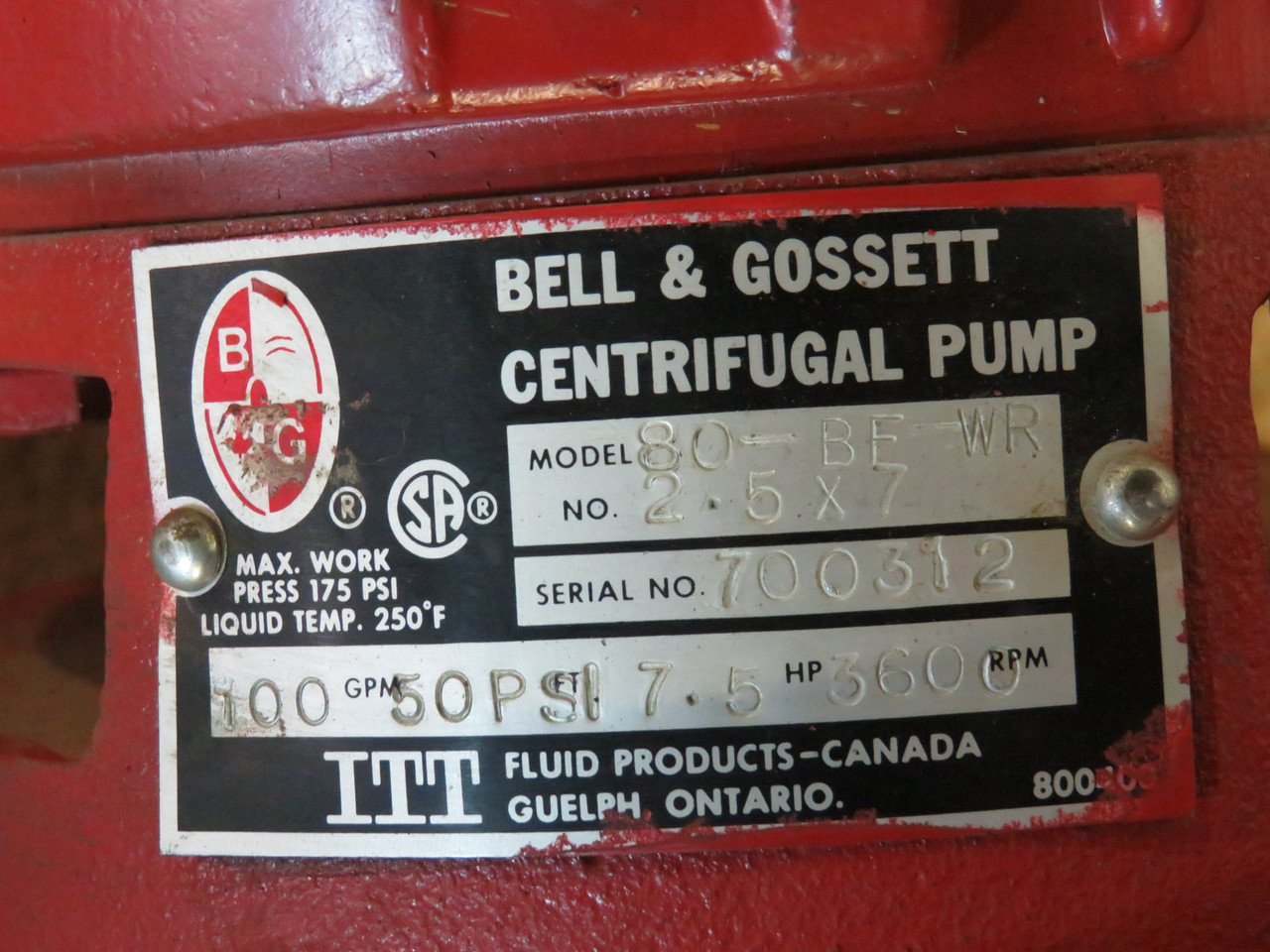 Bell & Gossett 80-BE-WR In-Line Centrifugal Pump C/W Motor 7.5HP 3485RPM USED