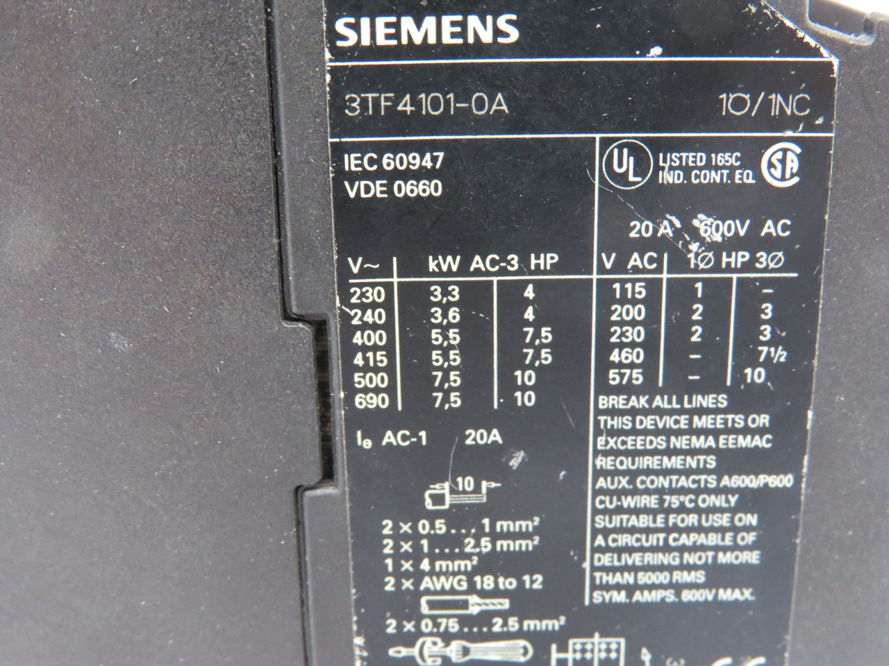 Siemens 3TF4101-0AK6 Contactor 120V 60Hz 110V 50Hz 3P 1NC 20A USED