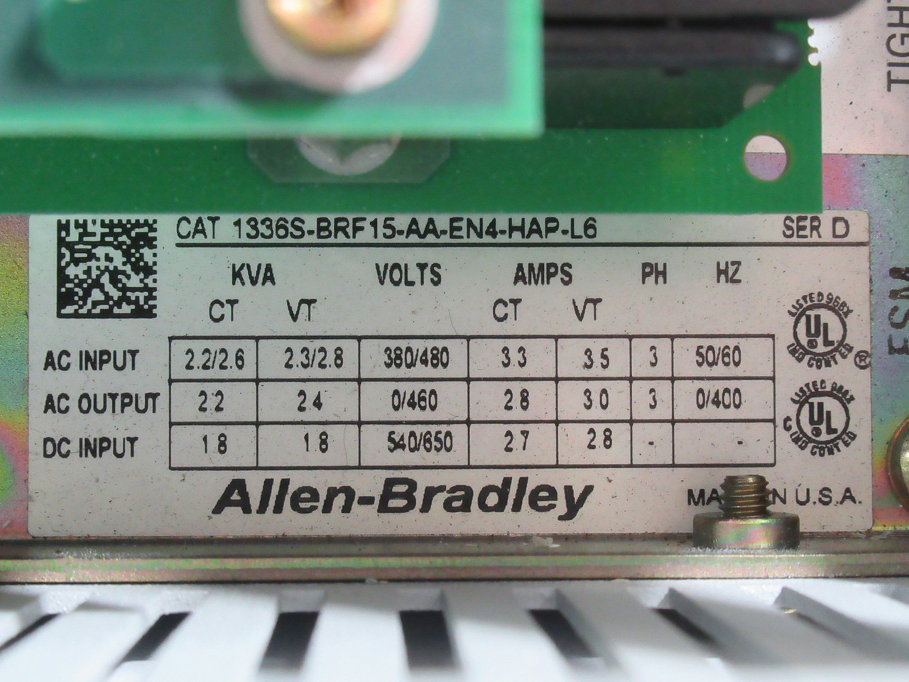 Allen-Bradley 1336S-BRF15-AA-EN4-HAP-L6 Adj Frequency AC Drive Ser. D 1.5HP USED