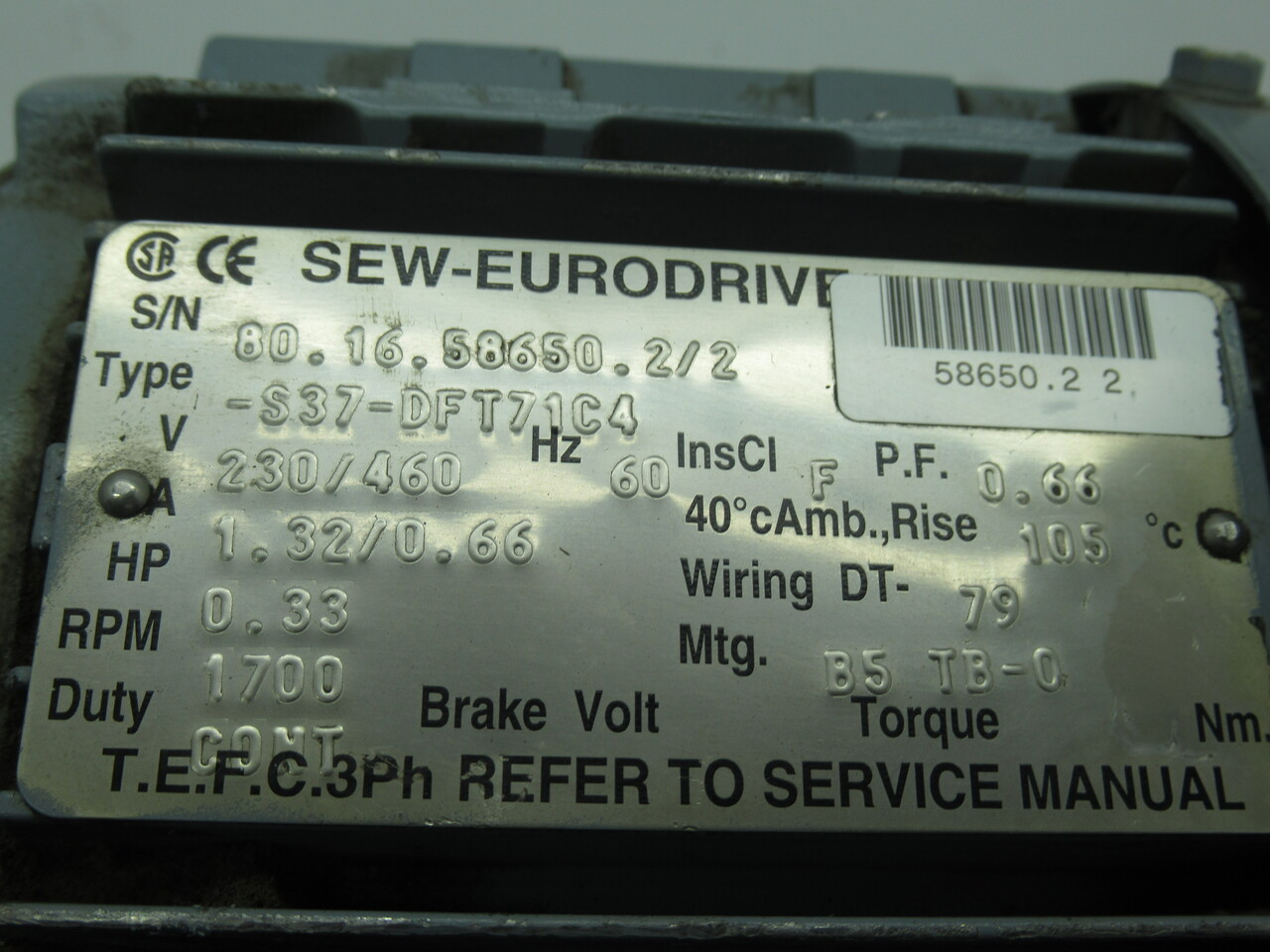 Sew-Eurodrive 15.53:1 0.33HP 1700RPM 230/460V TEFC 3PH 1.32/0.66A 60Hz USED