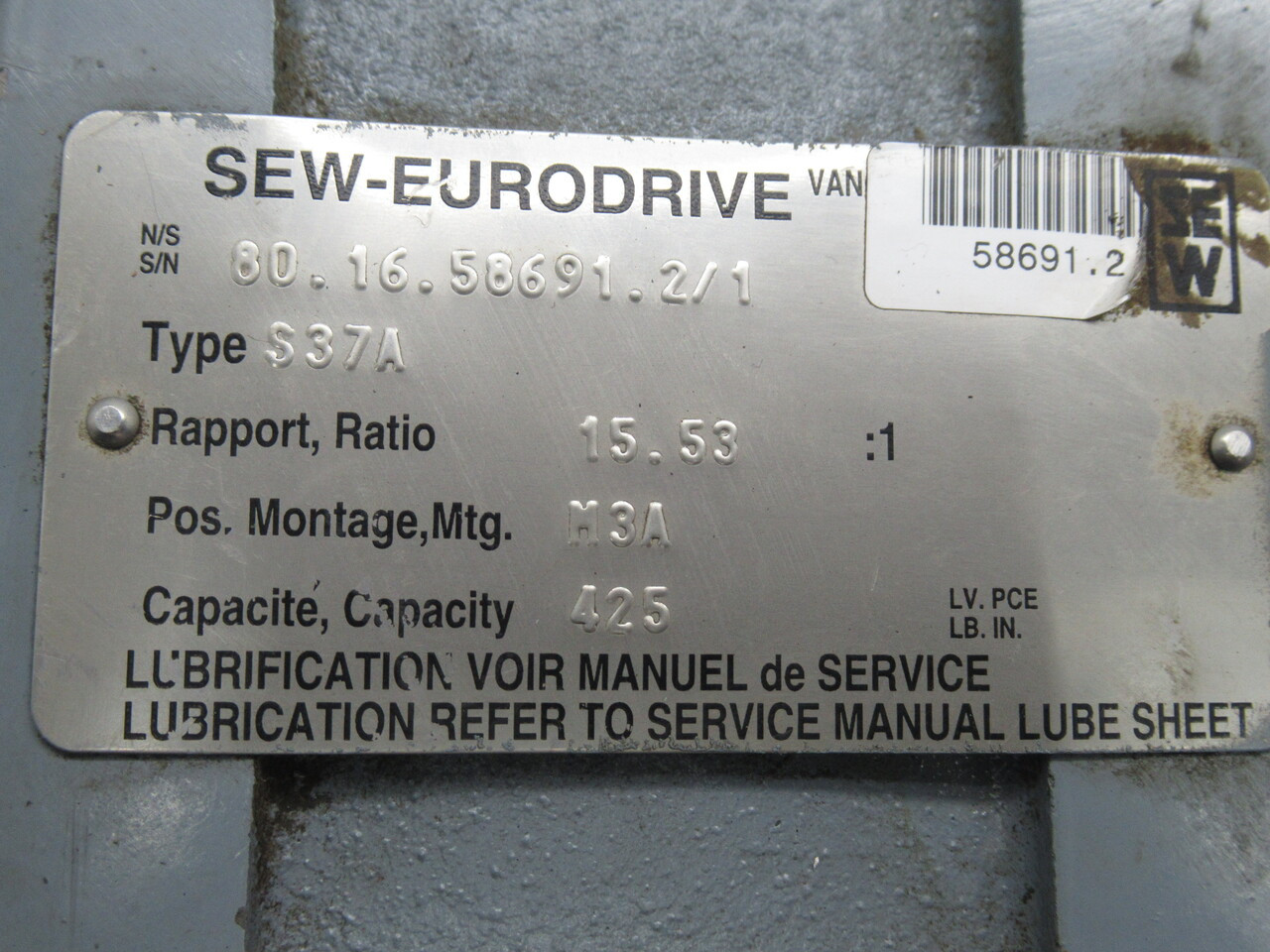 Sew-Eurodrive 15.53:1 0.33HP 1700RPM 230/460V TEFC 3PH 1.32/0.66A 60Hz USED