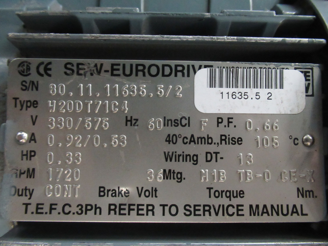 Sew-Eurodrive 0.33HP 1720/36RPM 330/575V TEFC 3PH 0.92/0.53A 60Hz USED