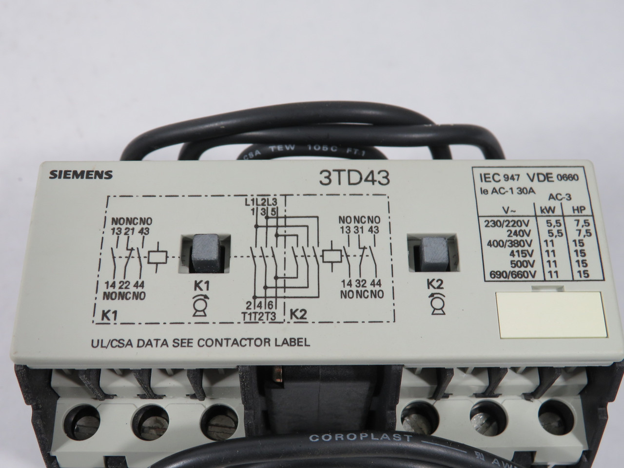 Siemens 3TD4302-2AP6 Reversing Contactor 220V@50Hz 240V@60Hz NOP