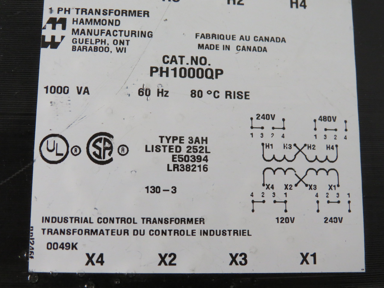 Hammond PH1000QP Control Transformer 1000VA 60Hz Pri:240/480V Sec:120/240V USED