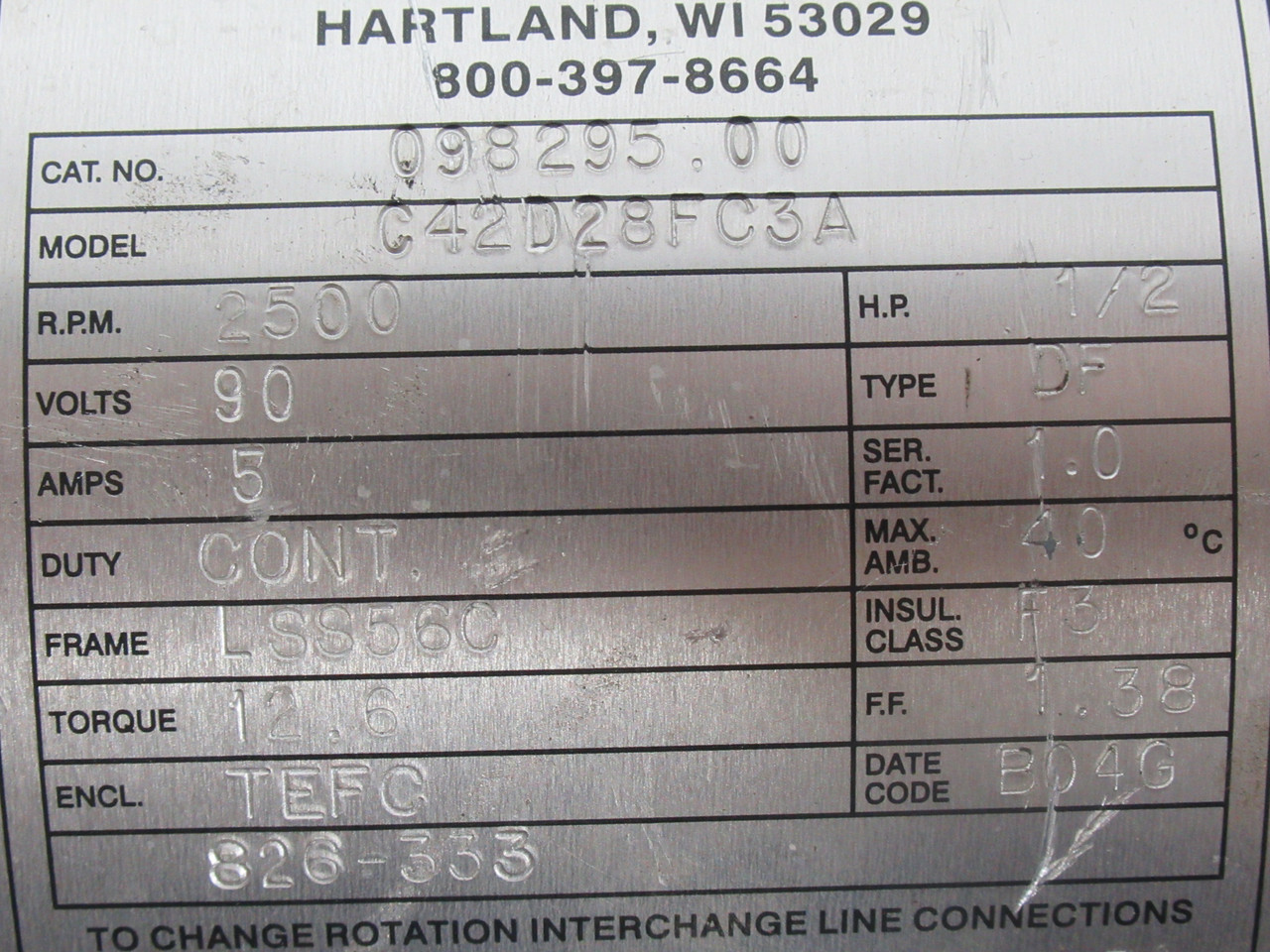 Leeson C42D28FC3A 1/2HP 2500RPM 90V LSS56C TEFC 5A USED