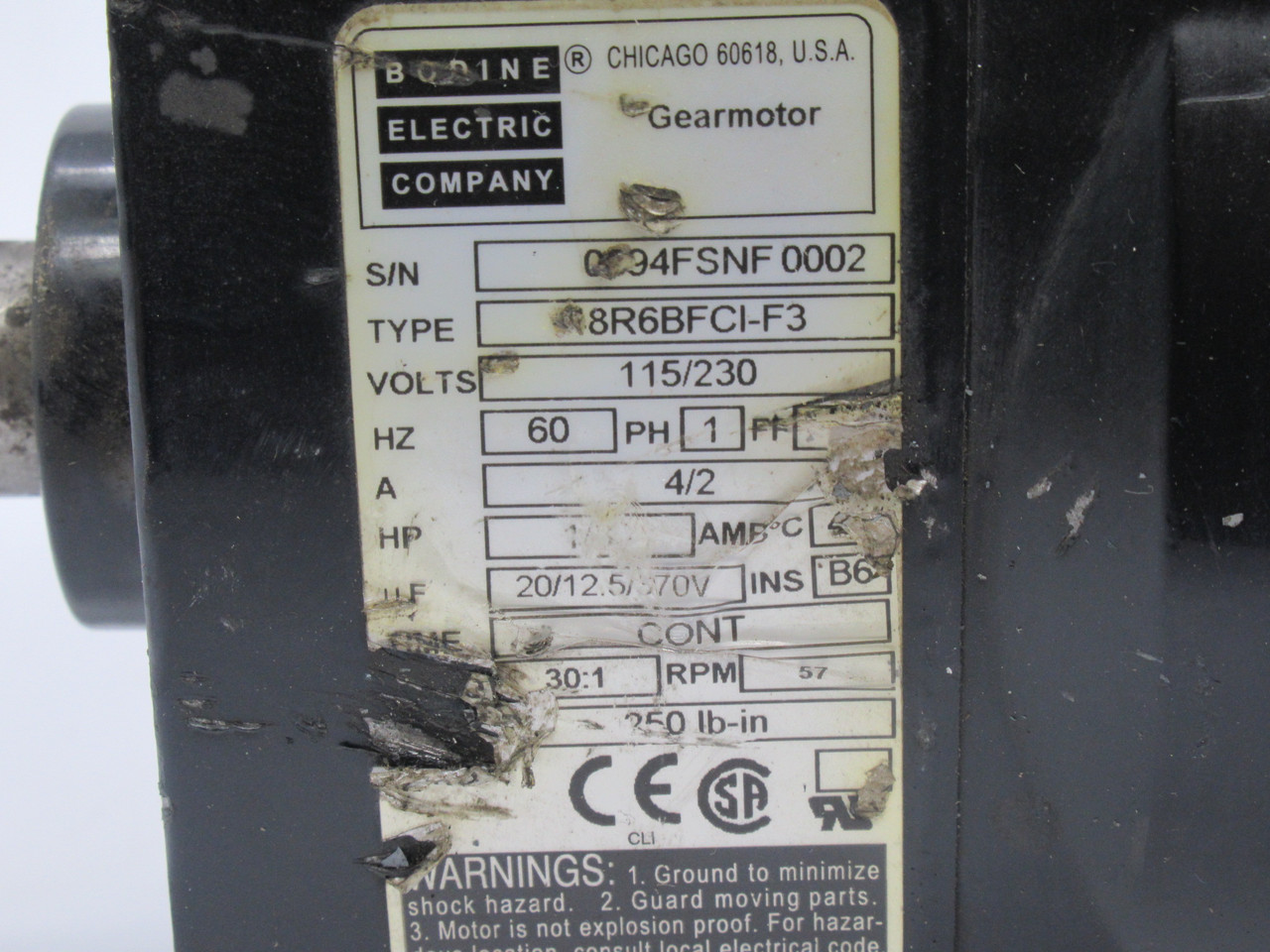 Bodine Electric 48R6BFCI-F3 30:1 250Lb-In 1/3HP 57RPM 115/230V 1Ph 4/2A USED