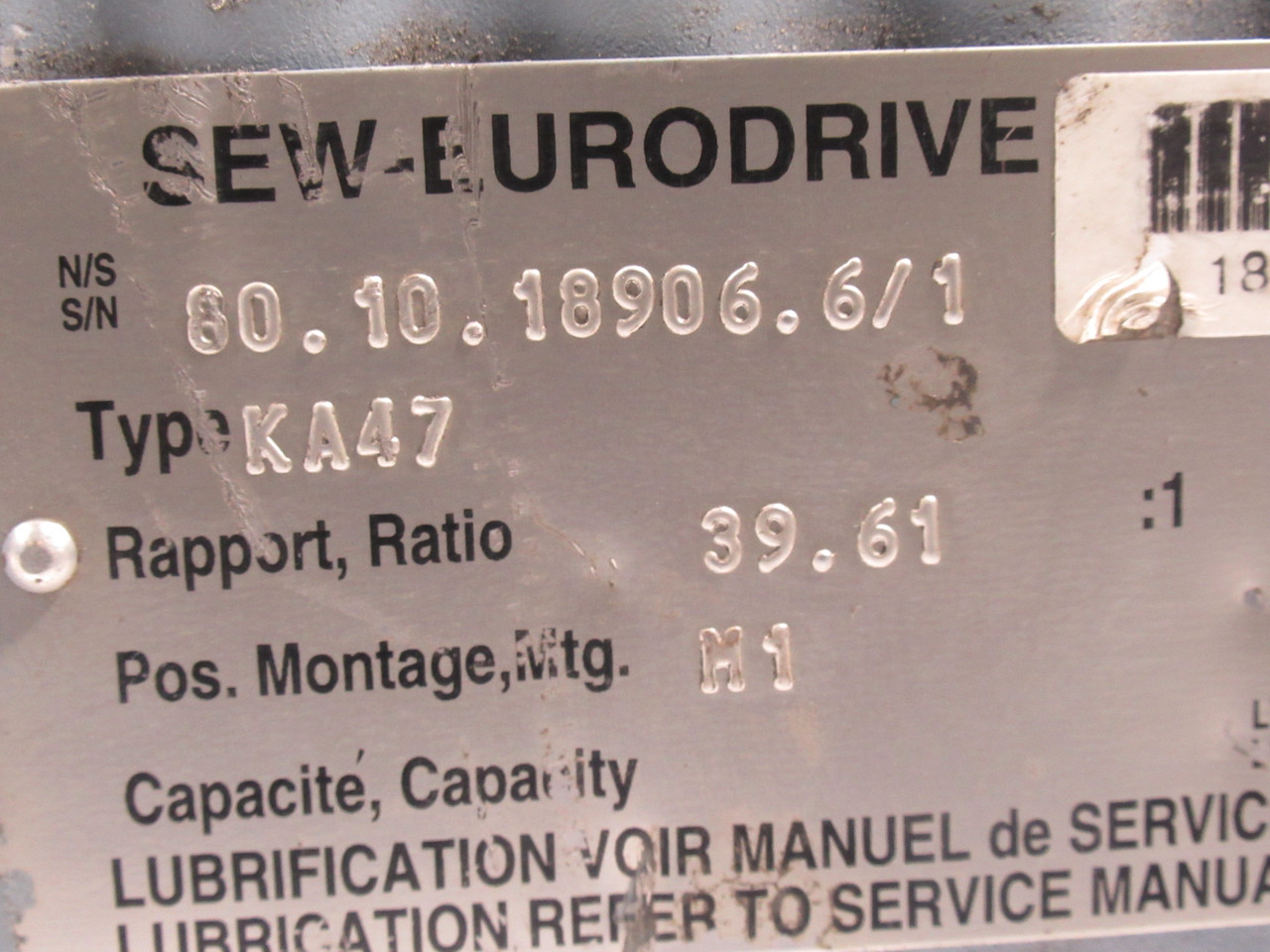Sew-Eurodrive Gearmotor 39.61:1 2HP 1720RPM 330/575V TEFC 3Ph 4.32/2.48A USED