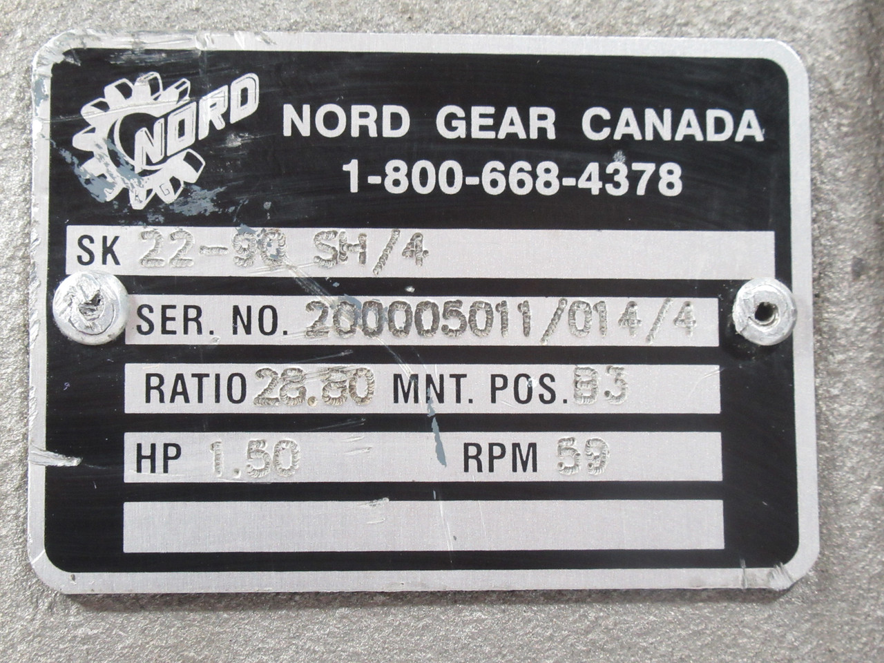 Nord Gearmotor 28.8:1 1.5HP 1740RPM 332/575V 90S TEFC 3Ph 3.03/1.75A 60Hz USED