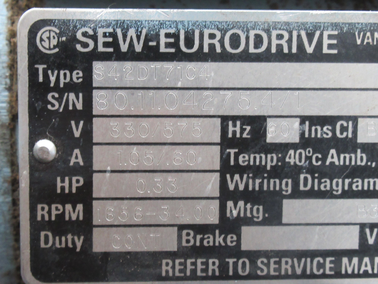 Sew-Eurodrive Gearmotor 50.03:1 0.33HP 1656-34RPM 330/575V TEFC 3Ph USED