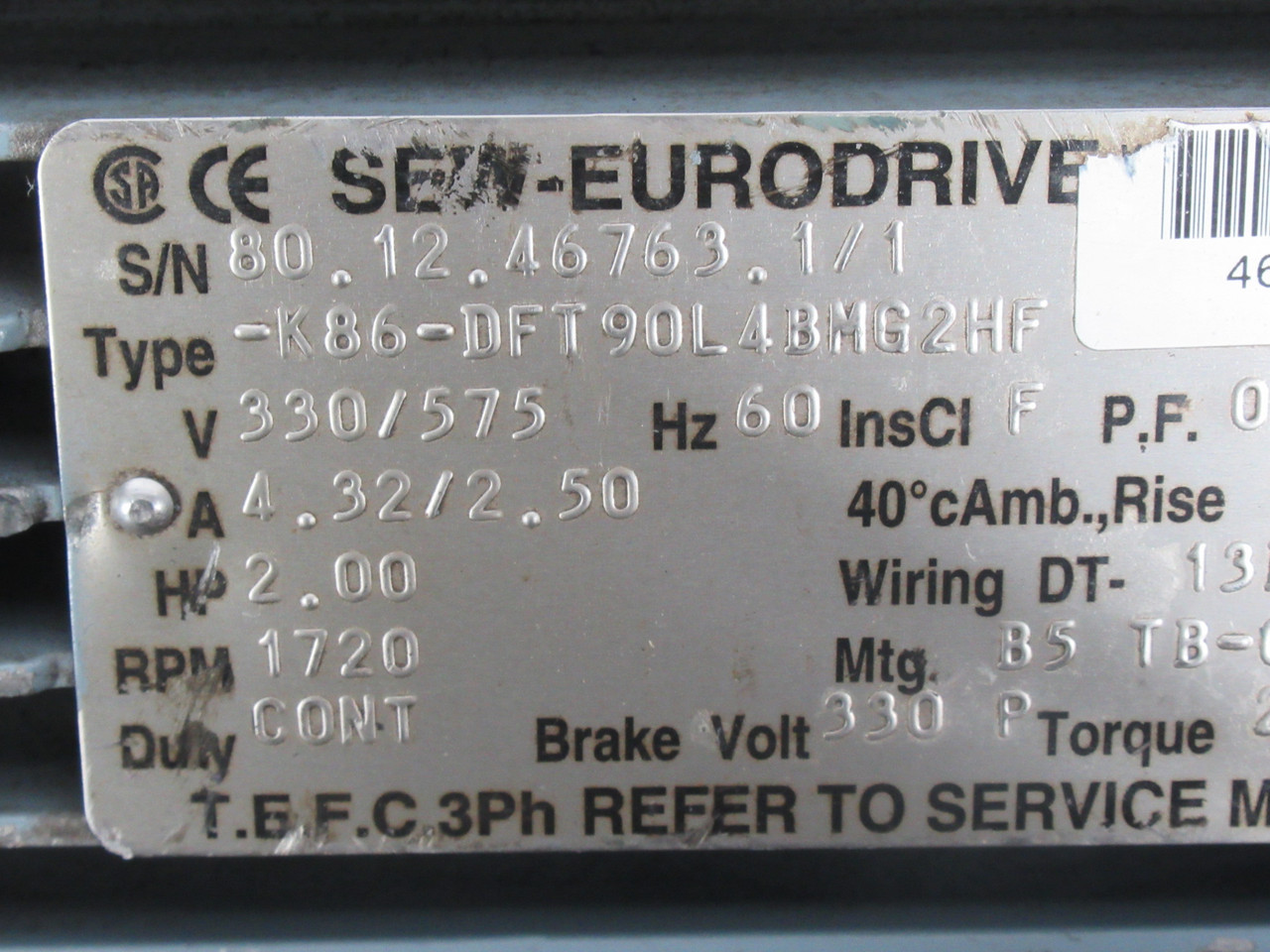 Sew-Eurodrive Gearmotor 2HP 1720RPM 330/575V TEFC 3Ph *NO REDUCER* USED