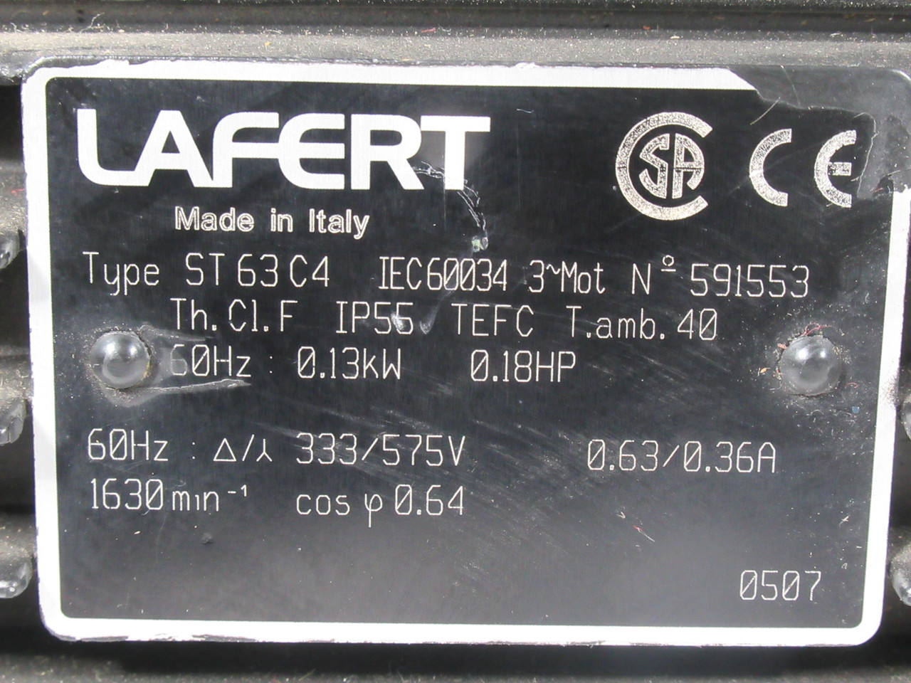 Lafert 0.18HP 1630RPM 333/575V TEFC 3Ph C/W Gear Reducer 25:1 Ratio USED