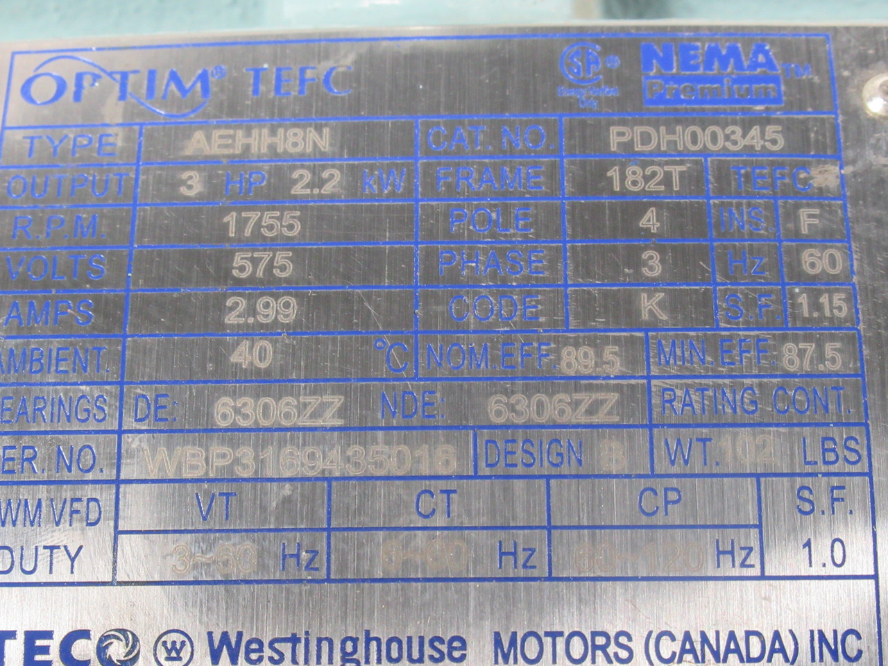Teco Westinghouse 3HP 1755RPM 575V 182T TEFC 3Ph 2.99A 60Hz USED